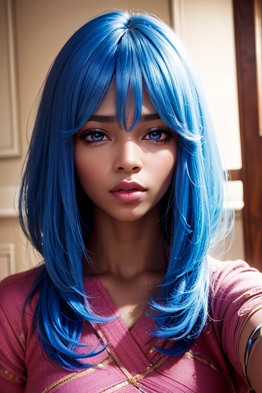 An african woman with fronter wig,blue eyes,pink lips,in her living room,very detailed face.