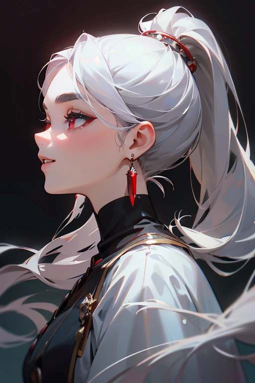 (highest quality, masterpiece:1.2), High resolution, Super detailed, realistic:1.37, fantasy, An illustration,gray hair、 red eyes、Queen, white dress.platinum decoration、beautifully、Eyeshadow Red、dark eyebrows、long eyelashes、pupils are black、shiny on the lips、upper site、Queen、Princess、ponytail、gentle smile、Show your teeth a little and smile、soft expression、profile、