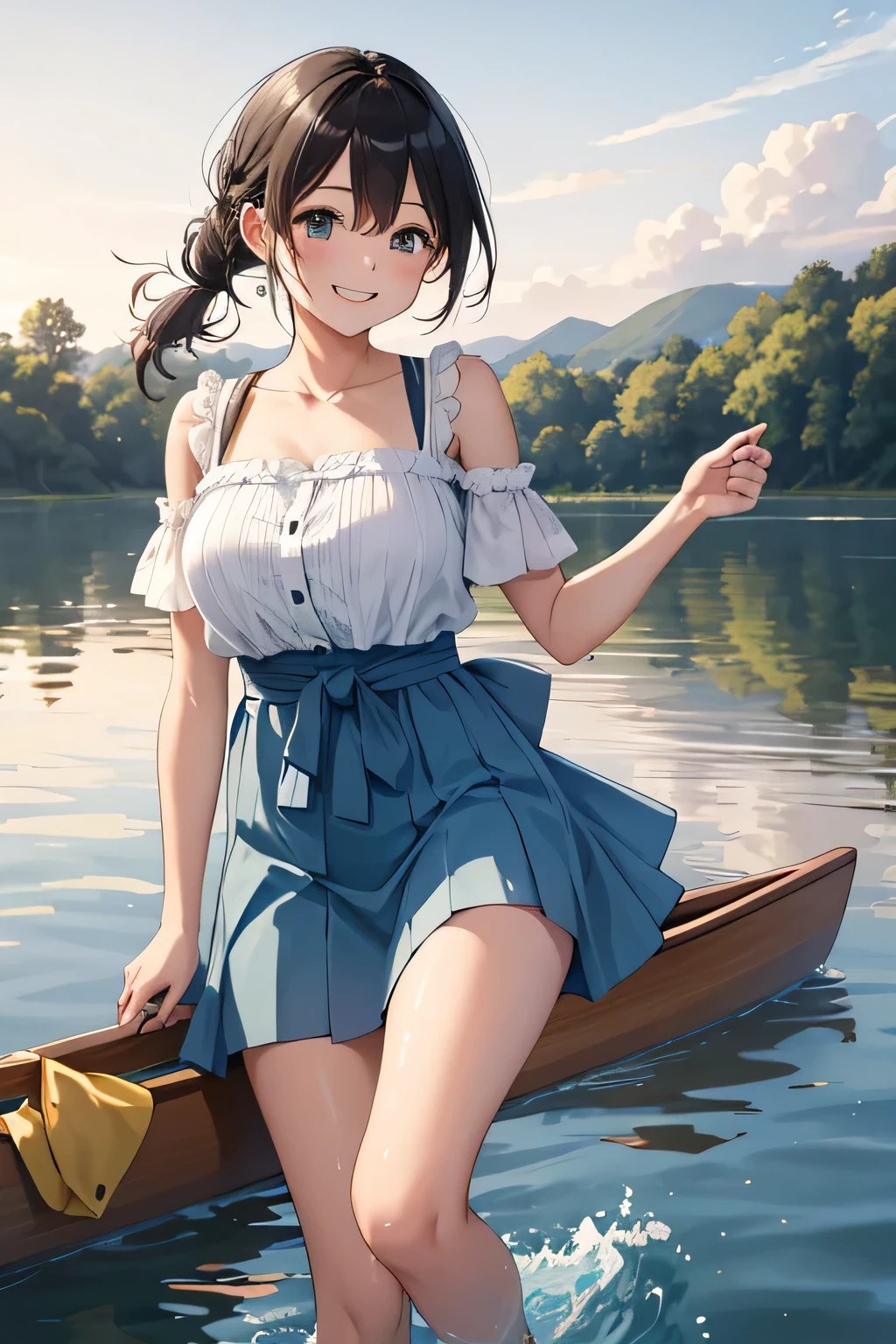((highest quality:1.4))、((High resolution))、(detailed background)、((detailed beautiful face:1.4))、(anatomically correct)、(detailed facial expressions)、beautiful and smooth skin、beautiful age girl、two beautiful girls、(huge breasts:1.2)、cute hair color、braided bob、braided ponytail、realistic、perfect body line、cute、cowboy shot、Calm atmosphere、Even though her clothes are wet and transparent, she doesn't seem to mind and is laughing happily.、
Two beautiful girls watching the sunset reflected on the river while rowing a canoe、
The two of them are seen canoeing against the backdrop of a beautiful sunset.、
Two people holding hands while paddling a canoe in the gentle current、
relaxed atmosphere、They intentionally splash water on each other while paddling a canoe.、
They are smiling, splashing with water, and having fun joking with each other.、
Pack a canoe with food and drinks and have a picnic on the riverbank、
We exchange lunch boxes and spend relaxing time eating together.、
Kissing in the beautiful scenery of nature during a canoe tour、Romantic and cute、
With the sound of the river flowing and the wind in the background、
This sarong-style dress with a retro print is the perfect outfit for a canoe tour.、Add a ribbon or belt to your waist for a more feminine look.、
A loose-fitting shirt dress is perfect for a canoe tour.、
Open the buttons and put it on to enjoy a relaxed atmosphere.、
A look that combines a striped shirt with a denim skirt、Choose comfortable shoes such as sneakers or sandals。
Pair it with a cute cap or sunglasses to make it even more stylish.、
If you choose accessories with UV protection, you can protect yourself from the sun.、cute