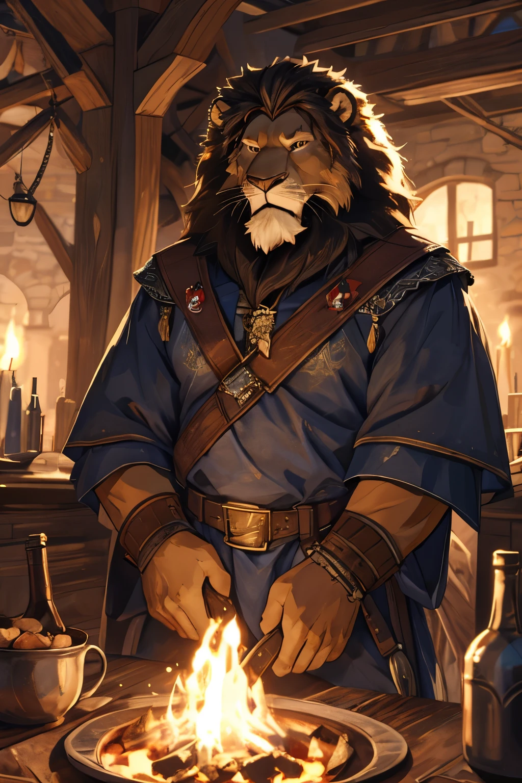 an elderly golden lion man with a white beard elderly man a fictional character for a medieval RPG an RPG illustration of a lion blacksmith a lion man a man with the face of a lion a hairy lion man a hybrid The fusion of a lion with the body with fur lion muscled blacksmith in a forge