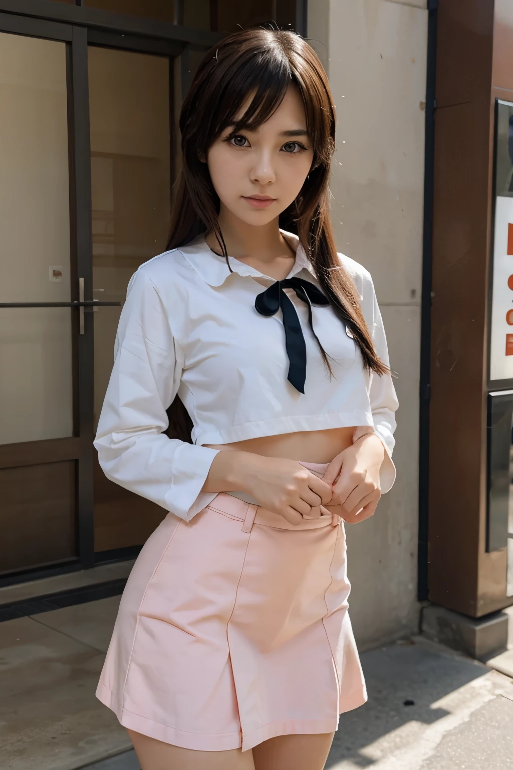 Girls at work，22 year old，serious，dimple，realisticlying，She wears a short black skirt，Wear a white shirt，You can vaguely see the pink underwear inside，brown  hair。Hands behind your back。