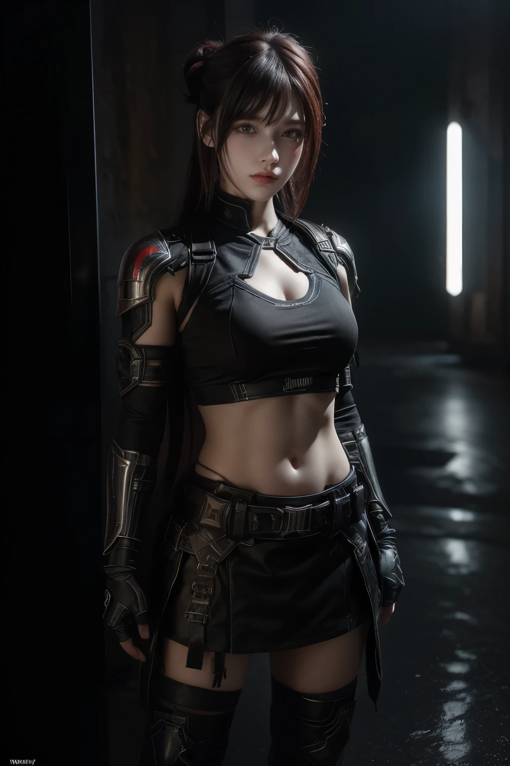 tmasterpiece,Best quality,A high resolution,8K,(Portrait photograph:1.5),(ROriginal photo),real photograph,digital photography,(Combination of cyberpunk and fantasy style),(Female soldier),20 year old girl,random hair style,By bangs,(Red eyeigchest, accessories,Redlip,(He frowned,Sneer),(Cyberpunk combined with fantasy style clothing,Openwork design,joint armor,police uniforms,Combat Assassin Costume,),exposing your navel,Photo pose,Realisticstyle,Thunder and lightning on rainy day,(Thunder magic),oc render reflection texture