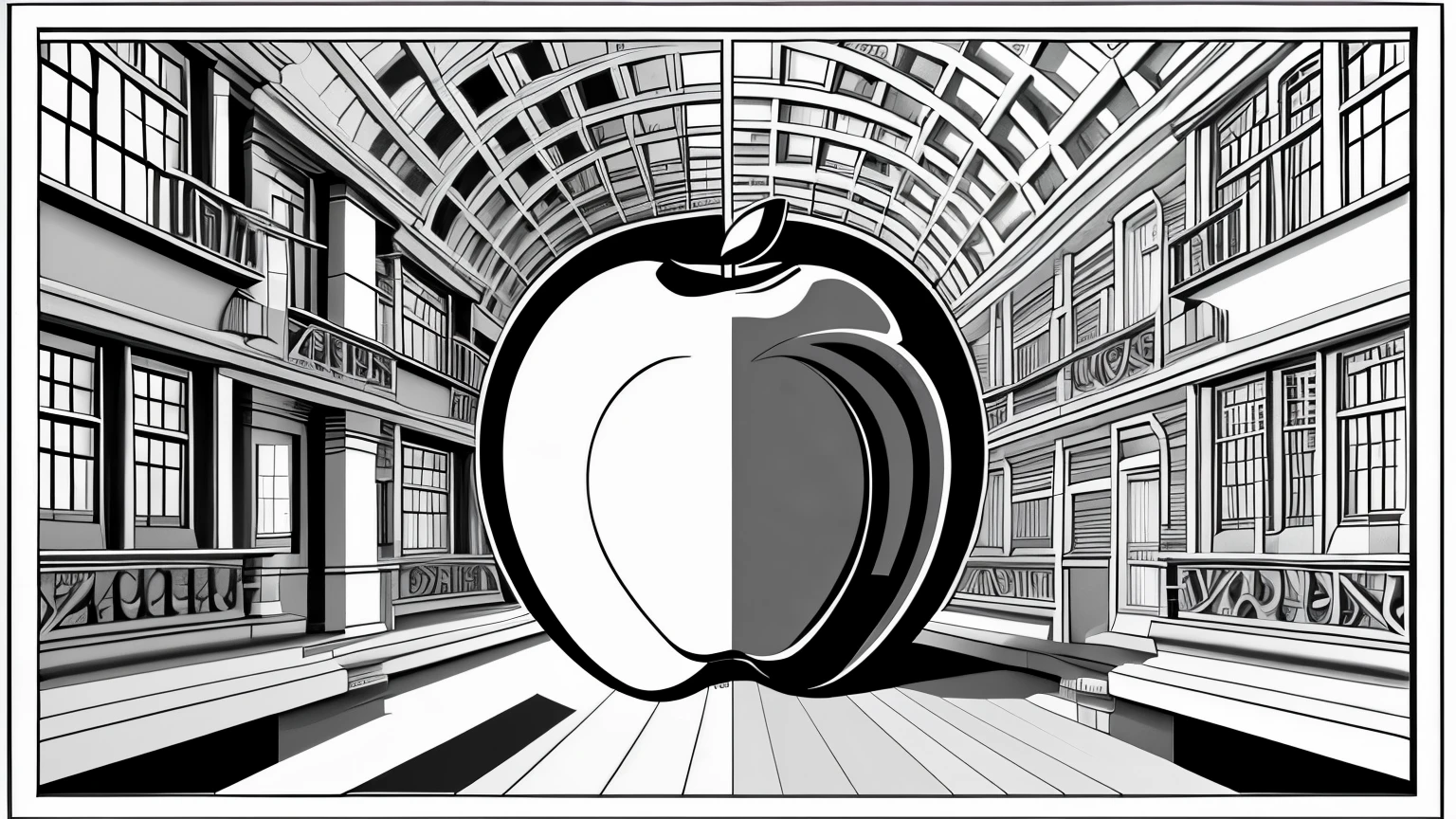 half of an apple in the isometric style of M.C. Escher, hypnotic, geometrically impossible, black and white in the style of opi by m.c. escher,
