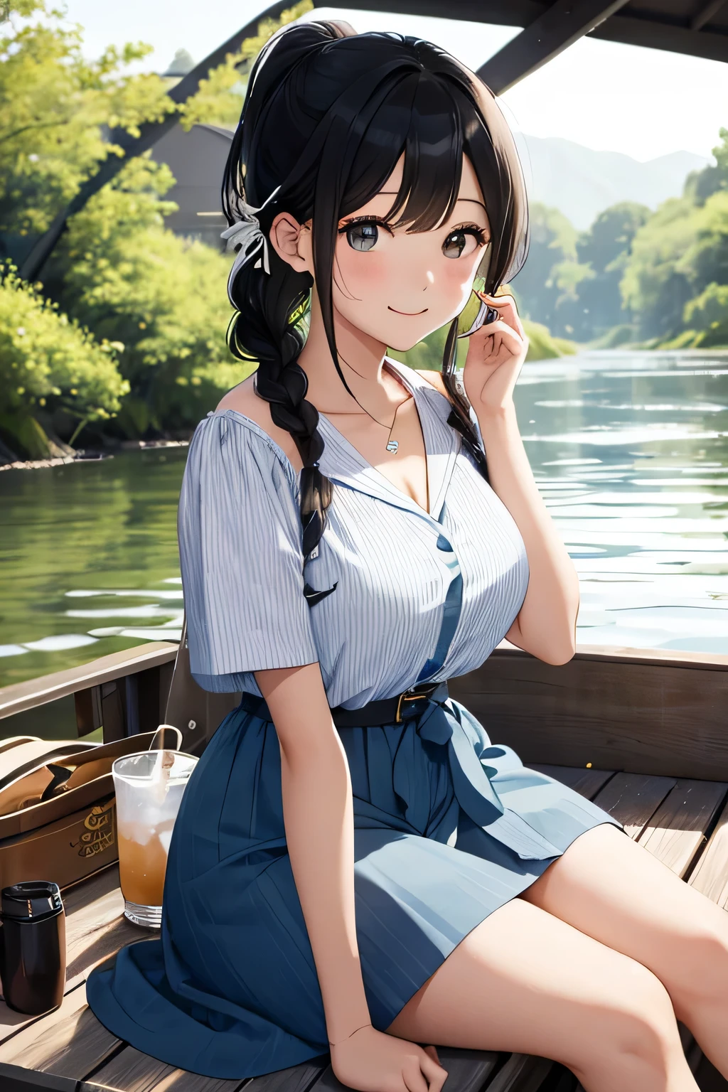 ((highest quality:1.4))、((High resolution))、(detailed background)、((detailed beautiful face:1.4))、(anatomically correct)、(detailed facial expressions)、beautiful and smooth skin、beautiful teenage girl、two beautiful girls、(huge breasts:1.2)、cute hair color、braided bob、braided ponytail、realistic、perfect body line、cute、cowboy shot、Looks very happy、Calm atmosphere、
Two beautiful girls watching the sunset reflected on the river while rowing a canoe、
The two of them are seen canoeing against the backdrop of a beautiful sunset.、
Two people holding hands while paddling a canoe in the gentle current、
relaxed atmosphere、They intentionally splash water on each other while paddling a canoe.、
They are smiling, splashing with water, and having fun joking with each other.、
Pack a canoe with food and drinks and have a picnic on the riverbank、
We exchange lunch boxes and spend relaxing time eating together.、
Kissing in the beautiful scenery of nature during a canoe tour、Romantic and cute、
With the sound of the river flowing and the wind in the background、
This sarong-style dress with a retro print is the perfect outfit for a canoe tour.、Add a ribbon or belt to your waist for a more feminine look.、
A loose-fitting shirt dress is perfect for a canoe tour.、
Open the buttons and put it on to enjoy a relaxed atmosphere.、
A look that combines a striped shirt with a denim skirt、Choose comfortable shoes such as sneakers or sandals。
Pair it with a cute cap or sunglasses to make it even more stylish.、
If you choose accessories with UV protection, you can protect yourself from the sun.、cute