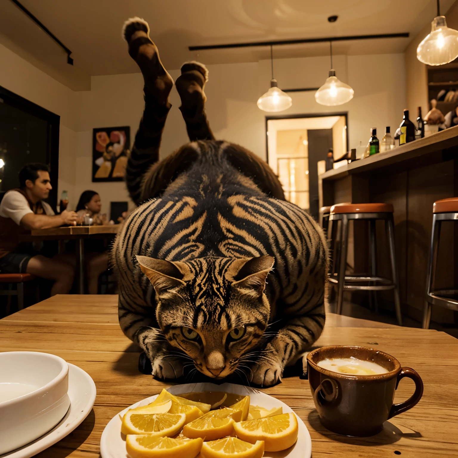 Gato (animal) laranja jogando truco em uma mesa de bar com outros 3 gatos( animais)