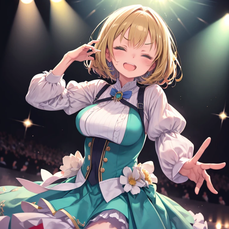 masterpiece, highest quality、Medium wide shot、cowboy shot、1. A girl with beautiful eyes、Idol、singer、girl、singing on stage、have a microphone、Vibrant、Laughing with open mouth、big breasts、Colorful spotlights in red, blue, yellow and green、Decisive pose、(((close your eyes and laugh)))、Sweat、V-shaped eyebrows、put your hand forward、Floundering costumes、