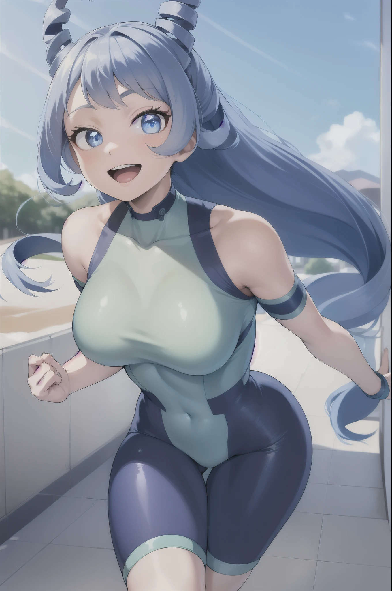 (best quality:1.2), 1girl, (masterpiece:1.2), raytracing, cute face, perfect face, ultra detailed,detailed face, 8k wallpaper,(wide hips:1.2), absurd res,  HadouNejire_NDV, 1girl, blue eyes, blue hair, large breasts, long hair, hair horns, twin drills, drill hair,  outdoor, smile, open mouth, bodysuiit, running