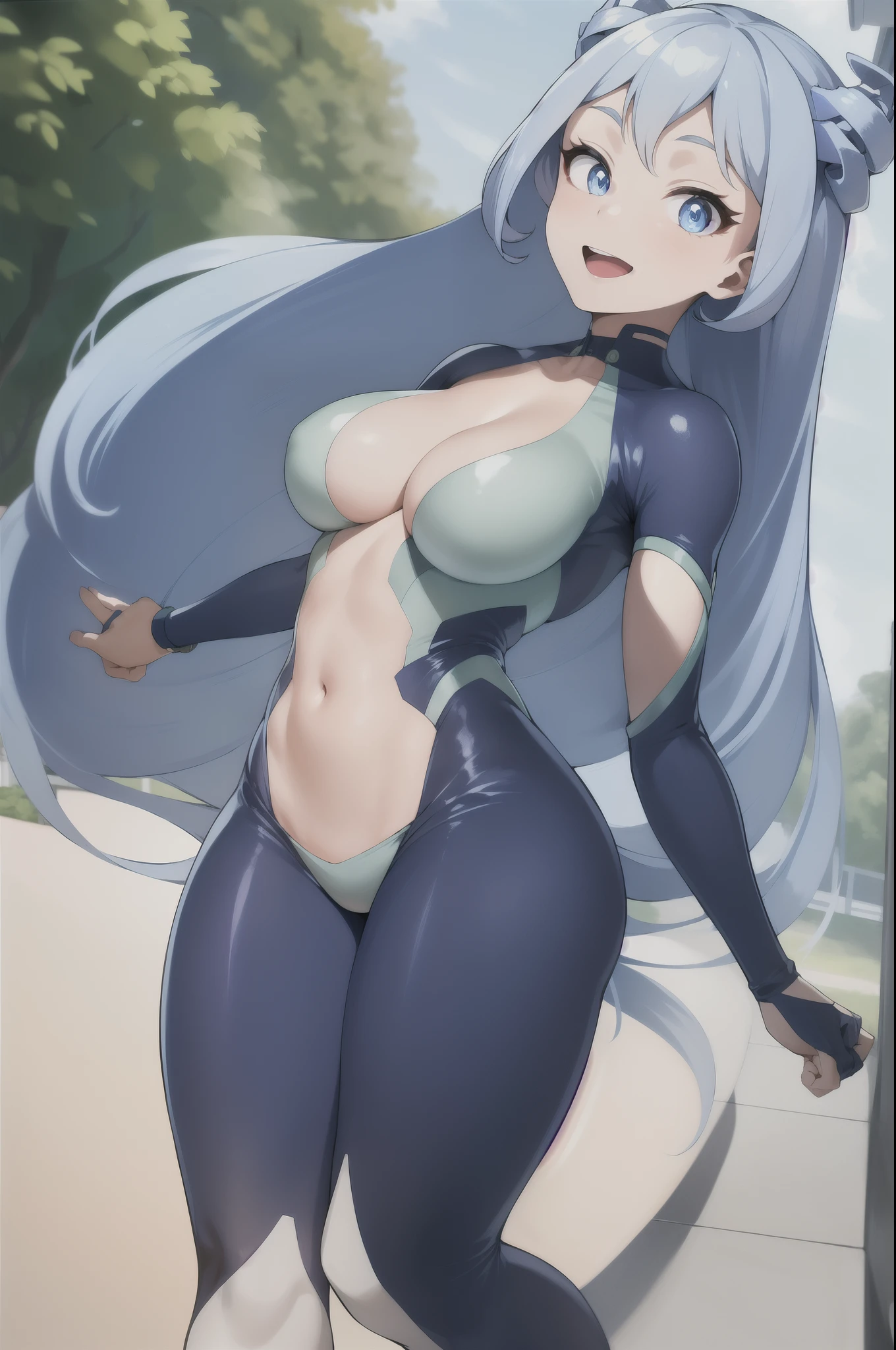 (best quality:1.2), 1girl, (masterpiece:1.2), raytracing, cute face, perfect face, ultra detailed,detailed face, 8k wallpaper,(wide hips:1.2), absurd res, HadouNejire_NDV, 1girl, blue eyes, blue hair, large breasts, long hair, hair horns, twin drills, drill hair, outdoor, smile, open mouth, bodysuiit, running
