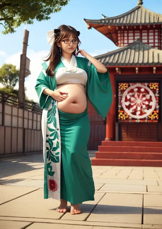 (masterpiece, best quality, highly detailed), 1girls, big belly, huge belly, art by kipteitei, round belly, chubby, curvy, belly grab, enormous belly, fat belly, thicc, bigger belly, really big belly, jiggly belly, shirt covering belly, belly cover by shirt, glasses, (((shrine maiden clothes))), (sweating), (exhausted), ((full body)), long hair, Flandre scarlet