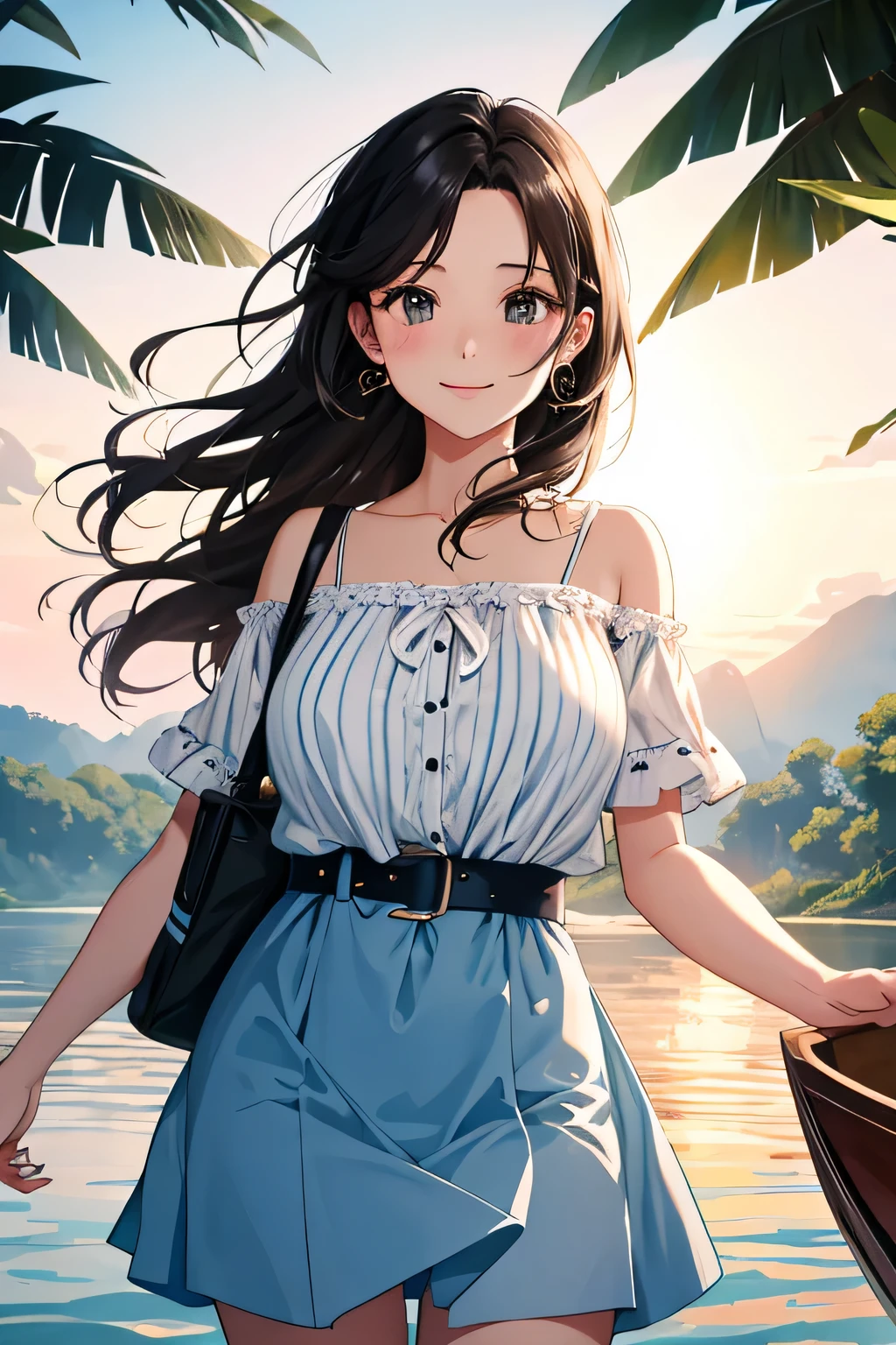 ((highest quality:1.4))、((High resolution))、(detailed background)、((detailed beautiful face:1.4))、(anatomically correct)、(detailed facial expressions)、beautiful and smooth skin、beautiful teenage girl、two beautiful girls、(huge breasts:1.2)、cute hair color、braided bob、braided ponytail、realistic、perfect body line、cute、cowboy shot、Looks very happy、Calm atmosphere、
Two beautiful girls watching the sunset reflected on the river while rowing a canoe、
The two of them are seen canoeing against the backdrop of a beautiful sunset.、
Two people holding hands while paddling a canoe in the gentle current、
relaxed atmosphere、They intentionally splash water on each other while paddling a canoe.、
They are smiling, splashing with water, and having fun joking with each other.、
Pack a canoe with food and drinks and have a picnic on the riverbank、
We exchange lunch boxes and spend relaxing time eating together.、
Kissing in the beautiful scenery of nature during a canoe tour、Romantic and cute、
With the sound of the river flowing and the wind in the background、
This sarong-style dress with a retro print is the perfect outfit for a canoe tour.、Add a ribbon or belt to your waist for a more feminine look.、
A loose-fitting shirt dress is perfect for a canoe tour.、
Open the buttons and put it on to enjoy a relaxed atmosphere.、
A look that combines a striped shirt with a denim skirt、Choose comfortable shoes such as sneakers or sandals。
Pair it with a cute cap or sunglasses to make it even more stylish.、
If you choose accessories with UV protection, you can protect yourself from the sun.、cute