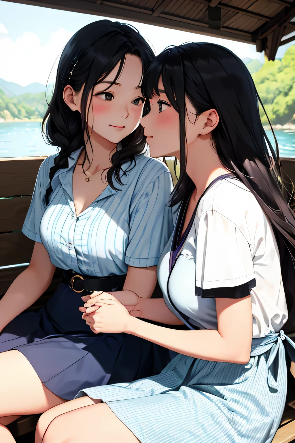 ((highest quality:1.4))、((High resolution))、(detailed background)、((detailed beautiful face:1.4))、(anatomically correct)、(detailed facial expressions)、beautiful and smooth skin、beautiful teenage girl、two beautiful girls、(huge breasts:1.2)、cute hair color、braided bob、braided ponytail、realistic、perfect body line、cute、cowboy shot、Looks very happy、Calm atmosphere、
Two beautiful girls watching the sunset reflected on the river while rowing a canoe、
The two of them are seen canoeing against the backdrop of a beautiful sunset.、
Two people holding hands while paddling a canoe in the gentle current、
relaxed atmosphere、They intentionally splash water on each other while paddling a canoe.、
They are smiling, splashing with water, and having fun joking with each other.、
Pack a canoe with food and drinks and have a picnic on the riverbank、
We exchange lunch boxes and spend relaxing time eating together.、
Kissing in the beautiful scenery of nature during a canoe tour、Romantic and cute、
With the sound of the river flowing and the wind in the background、
This sarong-style dress with a retro print is the perfect outfit for a canoe tour.、Add a ribbon or belt to your waist for a more feminine look.、
A loose-fitting shirt dress is perfect for a canoe tour.、
Open the buttons and put it on to enjoy a relaxed atmosphere.、
A look that combines a striped shirt with a denim skirt、Choose comfortable shoes such as sneakers or sandals。
Pair it with a cute cap or sunglasses to make it even more stylish.、
If you choose accessories with UV protection, you can protect yourself from the sun.、cute