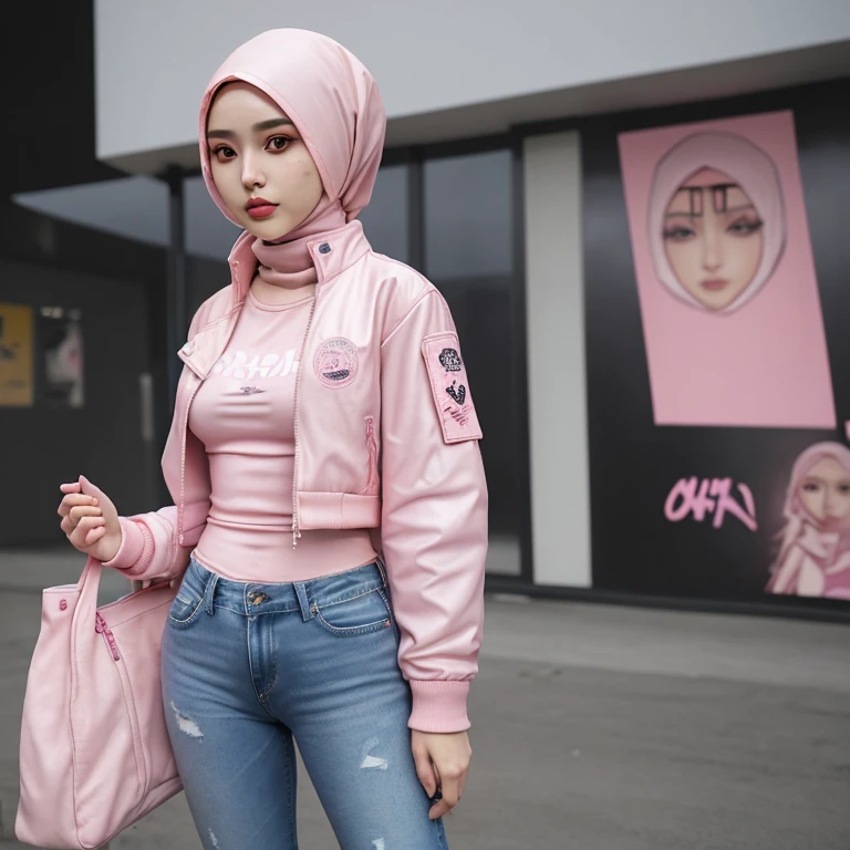 a close up of a hijab woman wearing a pink jacket and jeans, pink clothes, short jacket, korean women's fashion model, wearing jacket, with pink cloths, wearing a jeans jackets, modern casual clothing, jacket, detailed picture, cartoon style, trendy clothes, wearing cyberpunk 2 0 7 7 jacket, casual modern clothing, digital art h 9 6 0, light pink