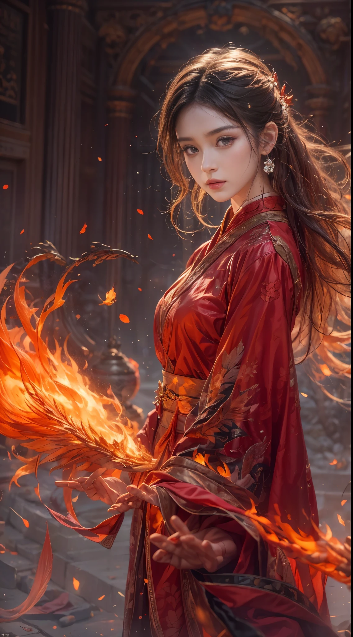 (full body portrait), (close up) ,1 girl，korean girl, ************, Fire mage wearing fiery red clothes（Chinese Hanfu），The robe is embroidered with intricate runes，Decorated with a burning scent。He was tall and strong，Raise your hand，Powerful fire spells are being unleashed, His eyes are firm and sharp，A fire flashed in the flame mage&#39;s eyes，（A huge flaming phoenix spreads its wings and flies：1.2),（Phoenix feathers burn with blazing flames), it sparkles，Its body is surrounded by flame feathers，Dancing，Forming a spectacular flame hexagonal star array pattern，Full of mysterious magic，The whole scene is full of fiery aura and passion for fighting，Large fire spells bloom in the air，A brilliant arc of flames and splashing sparks form，（Fire Mage and Phoenix），Look majestic and mysterious in the raging fire，Like the embodiment of fire and magic，Red hair，high detail，Surrealism，realism，（（Half-length photo）），（real picture：1.4），（chiaroscuro），movie lighting，Realistic special effects，Render by Octane，Ray tracing，panoramic，perspective，textured skin，Ultra-detailed，ultra high definition，masterpiece，anatomically correct，best quality，high resolution，8K