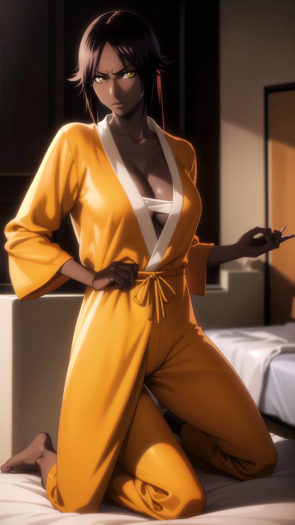 wearing orenge pajamas,erotic girl, depth of field, cinematic lighting, realism, full body, dark skin, brunette skin tone, yellow eyes, 1girl, Yoruichi_Bleach, yellow eyes, ((Yoruichi Shihouin)), in her room, wearing orenge pajamas, cleavage, deep cleavage, perfect eyes, masterpiece, best quality, 4K, HDR, cinematic lighting, Yoruichi_Bleach, photorealistic,