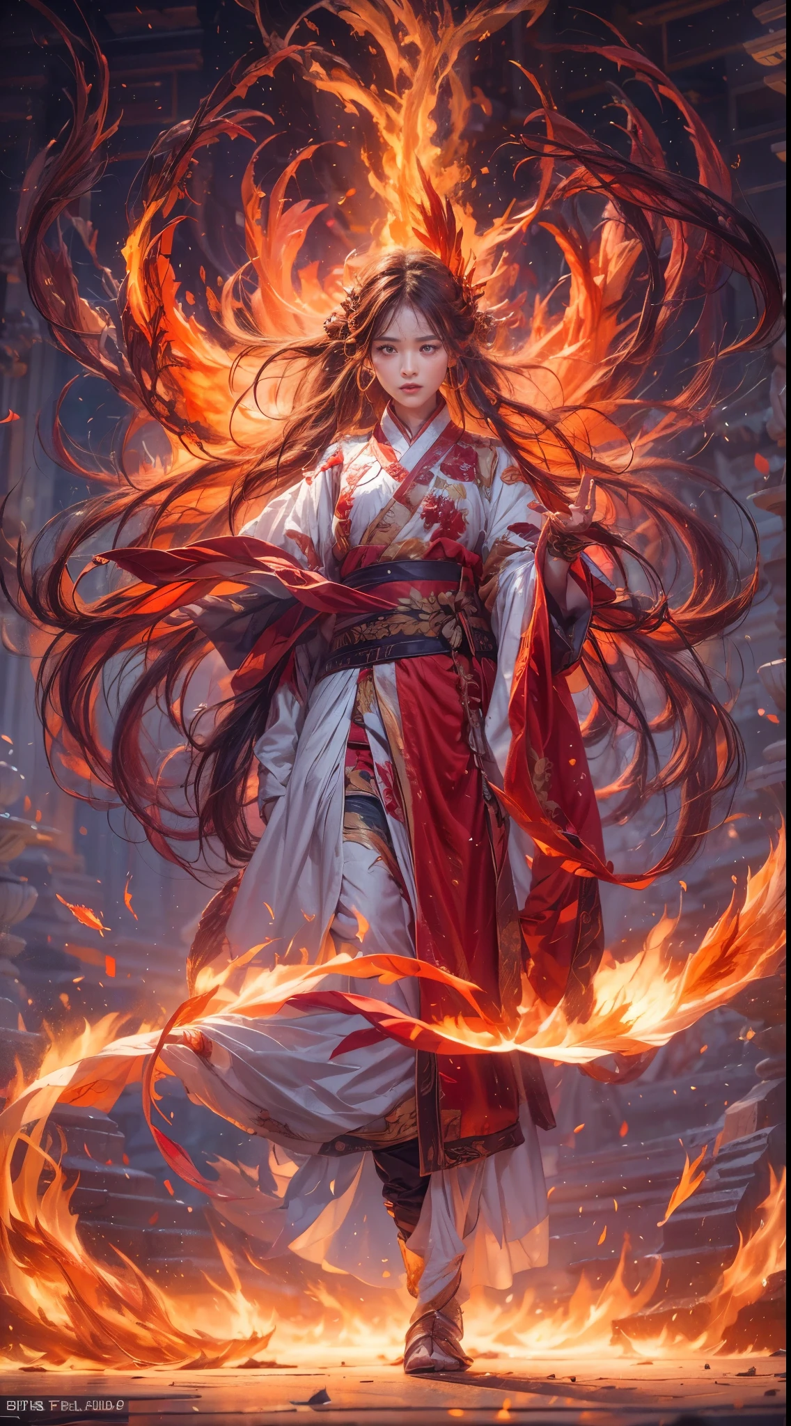 (full body portrait), (close up) ,1 girl，korean girl, ************, Fire mage wearing fiery red clothes（Chinese Hanfu），The robe is embroidered with intricate runes，Decorated with a burning scent。He was tall and strong，Raise your hand，Powerful fire spells are being unleashed, His eyes are firm and sharp，A fire flashed in the flame mage&#39;s eyes，（A huge flaming phoenix spreads its wings and flies：1.2),（Phoenix feathers burn with blazing flames), it sparkles，Its body is surrounded by flame feathers，Dancing，Forming a spectacular flame hexagonal star array pattern，Full of mysterious magic，The whole scene is full of fiery aura and passion for fighting，Large fire spells bloom in the air，A brilliant arc of flames and splashing sparks form，（Fire Mage and Phoenix），Look majestic and mysterious in the raging fire，Like the embodiment of fire and magic，Red hair，high detail，Surrealism，realism，（（Half-length photo）），（real picture：1.4），（chiaroscuro），movie lighting，Realistic special effects，Render by Octane，Ray tracing，panoramic，perspective，textured skin，Ultra-detailed，ultra high definition，masterpiece，anatomically correct，best quality，high resolution，8K