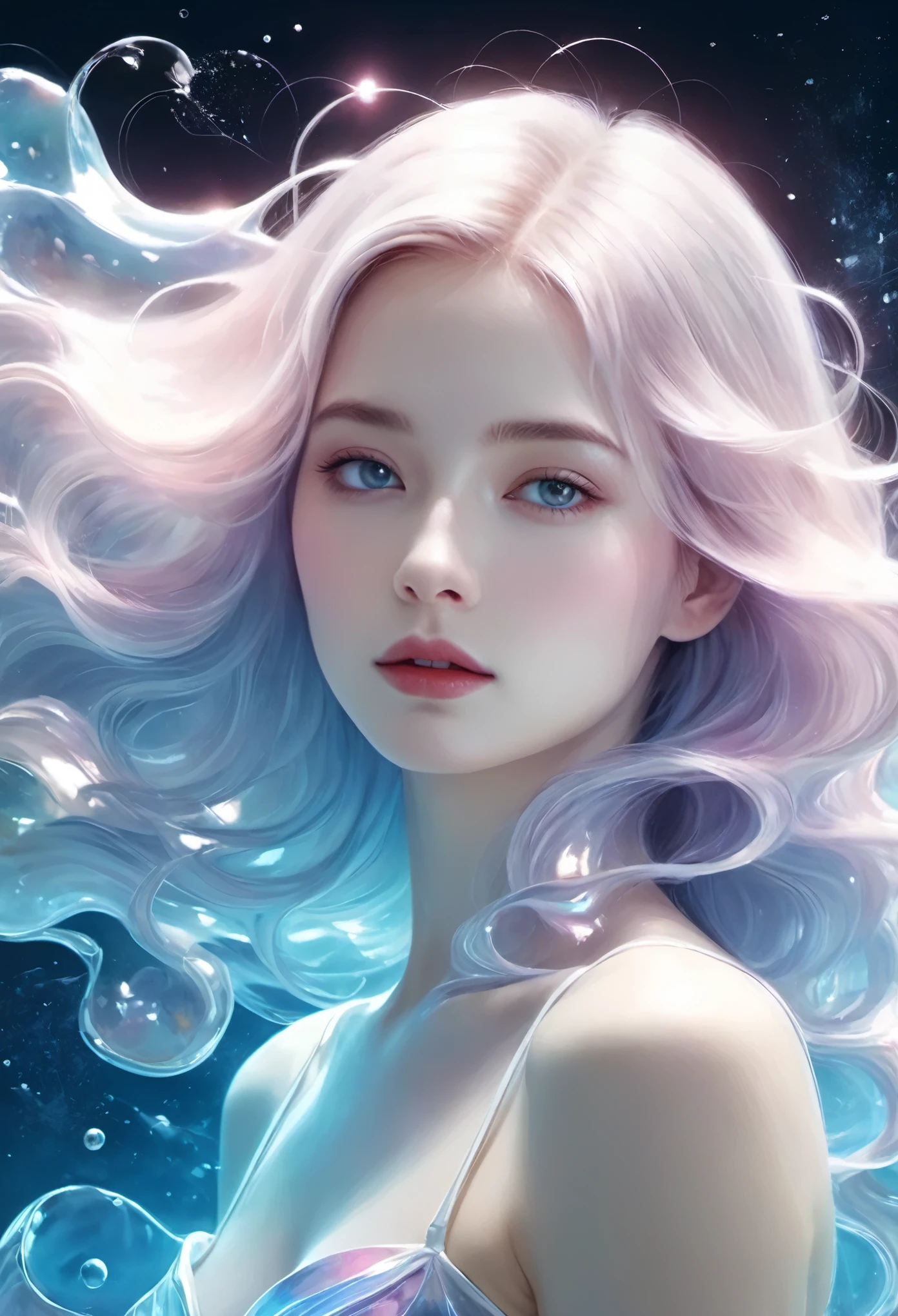 Painting of a beautiful young woman., mysterious waves at night. 3d. white,shallow. The melting beauty of the universe. Surrealism in Nebula Reflections. glass texture,translucent,crystal
