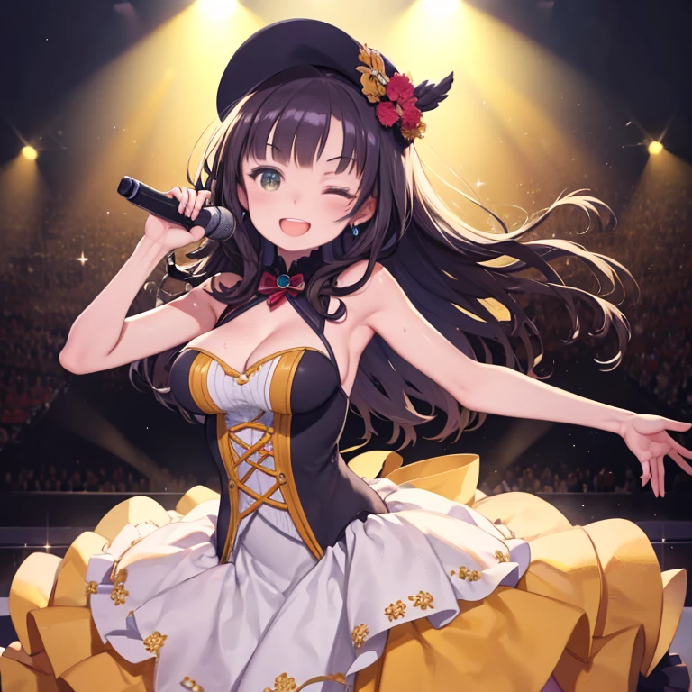masterpiece, highest quality、Medium wide shot、cowboy shot、1. A girl with beautiful eyes、Idol、singer、girl、singing on stage、have a microphone、Vibrant、Laughing with open mouth、big breasts、Colorful spotlights in red, blue, yellow and green、Decisive pose、(((Smile with one eye closed)))、Sweat、put your hand forward、Floundering costumes、cleavage、