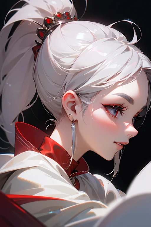 (highest quality, masterpiece:1.2), High resolution, Super detailed, realistic:1.37, fantasy, An illustration,gray hair、 red eyes、Queen, white dress.platinum decoration、beautifully、Eyeshadow Red、dark eyebrows、long eyelashes、pupils are black、shiny on the lips、upper site、Queen、Princess、ponytail、gentle smile、Show your teeth a little and smile、soft expression、profile、