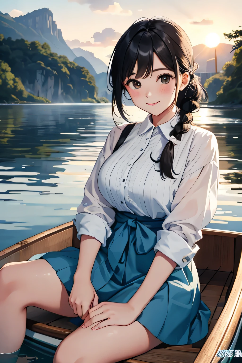 ((highest quality:1.4))、((High resolution))、(detailed background)、((detailed beautiful face:1.4))、(anatomically correct)、(detailed facial expressions)、beautiful and smooth skin、beautiful teenage girl、two beautiful girls、(huge breasts:1.2)、cute hair color、braided bob、braided ponytail、realistic、perfect body line、cute、cowboy shot、
Two beautiful girls watching the sunset reflected on the river while rowing a canoe、
The two of them are seen canoeing against the backdrop of a beautiful sunset.、
Two people holding hands while paddling a canoe in the gentle current、
relaxed atmosphere、They intentionally splash water on each other while paddling a canoe.、
They are smiling, splashing with water, and having fun joking with each other.、
Pack a canoe with food and drinks and have a picnic on the riverbank、
We exchange lunch boxes and spend relaxing time eating together.、
Kissing in the beautiful scenery of nature during a canoe tour、Romantic and cute、
With the sound of the river flowing and the wind in the background、
This sarong-style dress with a retro print is the perfect outfit for a canoe tour.、Add a ribbon or belt to your waist for a more feminine look.、
A loose-fitting shirt dress is perfect for a canoe tour.、
Open the buttons and put it on to enjoy a relaxed atmosphere.、
A look that combines a striped shirt with a denim skirt、Choose comfortable shoes such as sneakers or sandals。
Pair it with a cute cap or sunglasses to make it even more stylish.、
If you choose accessories with UV protection, you can protect yourself from the sun.、cute