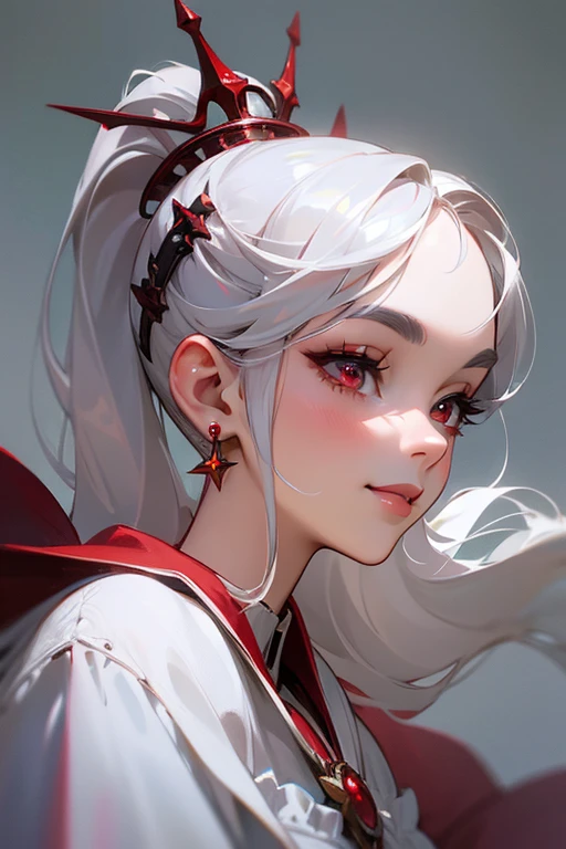 (highest quality, masterpiece:1.2), High resolution, Super detailed, realistic:1.37, fantasy, An illustration,gray hair、 red eyes、Queen, white dress.platinum decoration、beautifully、Eyeshadow Red、dark eyebrows、long eyelashes、pupils are black、shiny on the lips、upper site、Queen、Princess、ponytail、gentle smile、Show your teeth a little and smile、soft expression、profile、