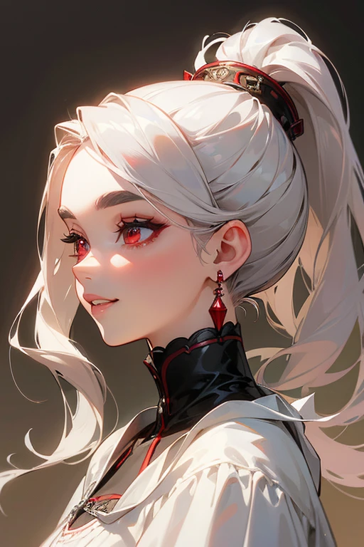 (highest quality, masterpiece:1.2), High resolution, Super detailed, realistic:1.37, fantasy, An illustration,gray hair、 red eyes、Queen, white dress.platinum decoration、beautifully、Eyeshadow Red、dark eyebrows、long eyelashes、pupils are black、shiny on the lips、upper site、Queen、Princess、ponytail、gentle smile、Show your teeth a little and smile、soft expression、profile、