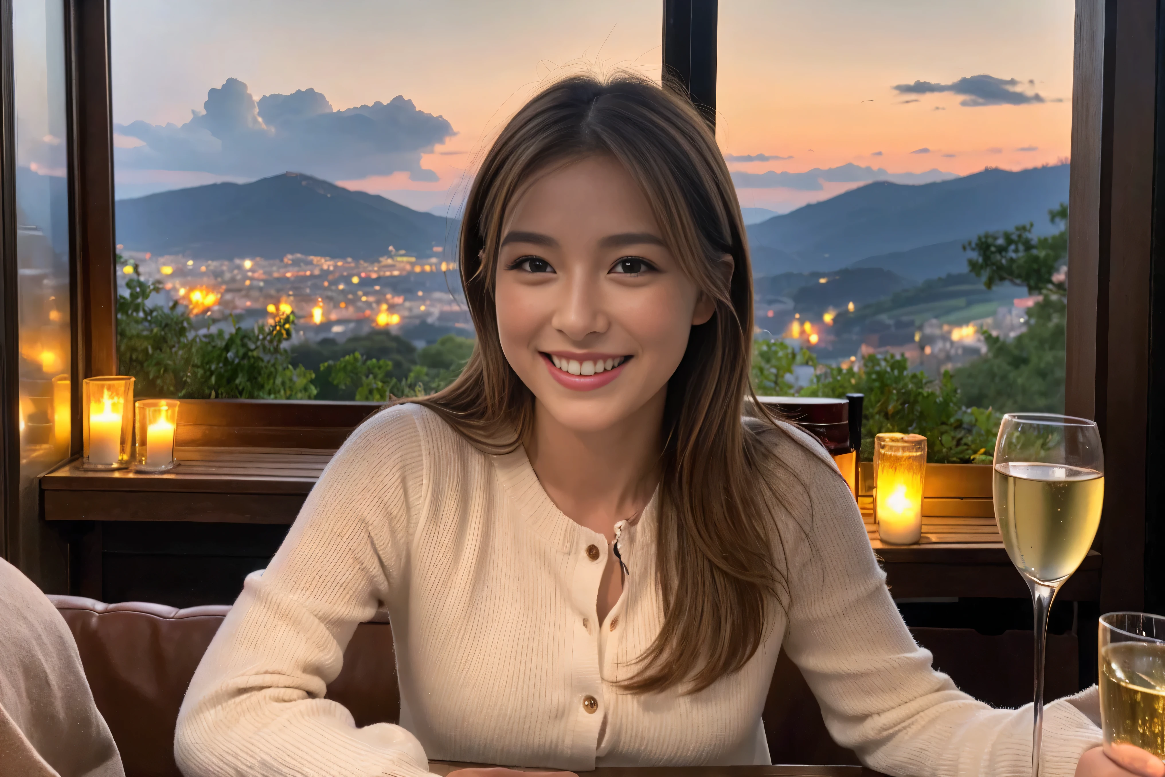highest quality, ultra high resolution, genuine, photogenuineistic, 8K, break, Super fashion model, Japanese, (full body:1.4), break, Slim body、A bright smile、Slim beauty、highly detailed hair, shiny light brown hair, detailed face, highly detailed eyes, brown eyes, fine skin, (white skin), lip details, (smile, drunk), Natural light,Spectacular view of the sunset sky and clouds、Amazing mountain views、A lovely woman with a smile、The woman's face is bright、fox face、lady、Wine Party、hors d'oeuvre、Italian food、2 beauties、brown hair、shortcut、long sleeve shirt、winter fashion、dress、Japanese、Englishman、Dutch、German、Belgian、Italian、French,wine bottle、hors d'oeuvre、Champagne、sparkling wine、Pretty Woman 1, (slim face), (Because I'm slender), (brown hair), (shortcut), cheeks turn a little red, (40 years old), 38 years old, attractive beauty、, A beautiful and detailed night view spreads out outside the window.........., restaurant, sitting in a wine glass, At night, in a prominent place (from the waist up) nova frog style, actress, model, Upper body, White wine, slim, wine glass, very beautiful night view, wine glass placed in the middle, Smile, (smile: 1.15), beautiful small eyes,