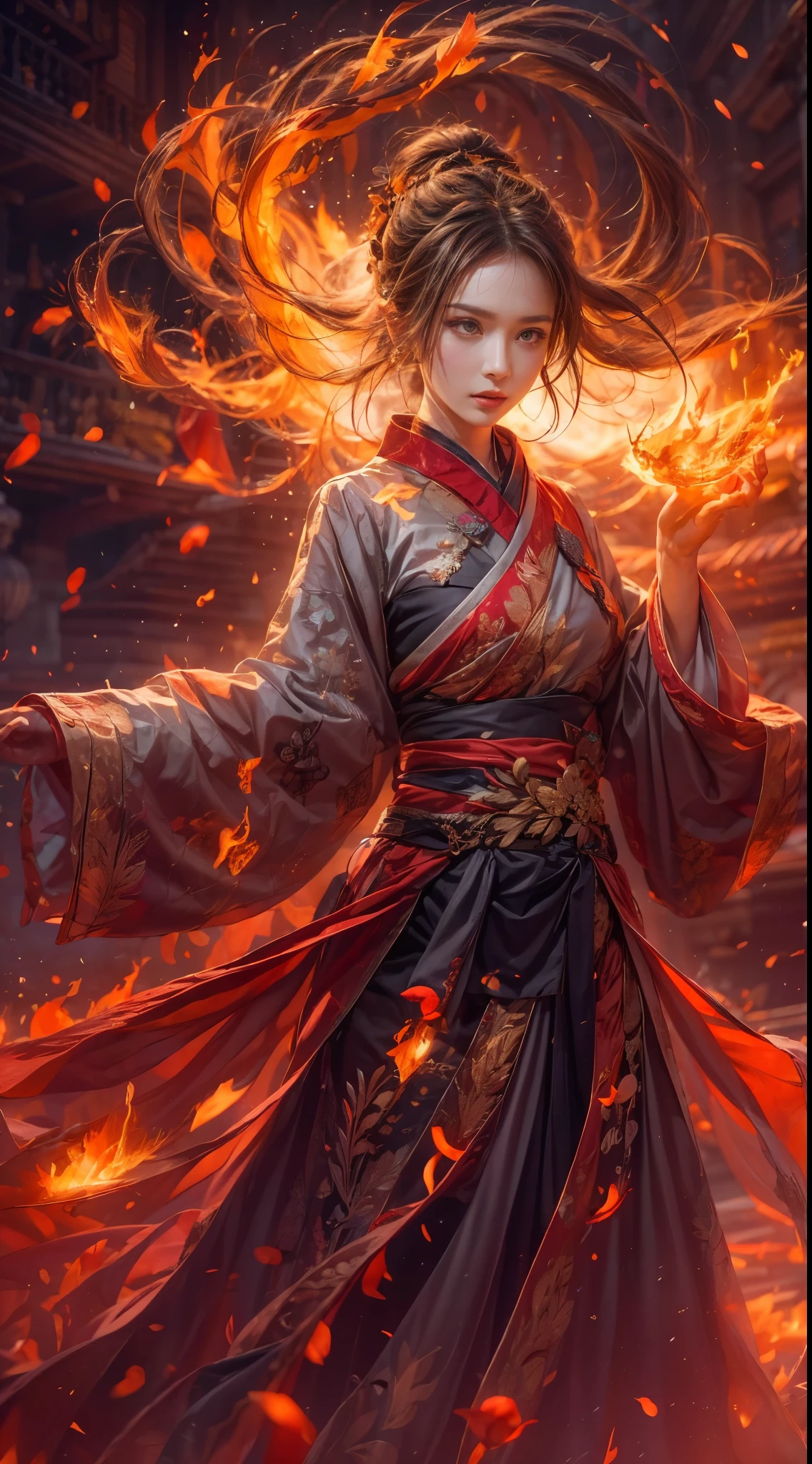 (full body portrait), (close up) ,1 girl，korean girl, 17 years old, Fire mage wearing fiery red clothes（Chinese Hanfu），The robe is embroidered with intricate runes，Decorated with a burning scent。He was tall and strong，Raise your hand，Powerful fire spells are being unleashed, His eyes are firm and sharp，A fire flashed in the flame mage&#39;s eyes，（A huge flaming phoenix spreads its wings and flies：1.2),（Phoenix feathers burn with blazing flames), it sparkles，Its body is surrounded by flame feathers，Dancing，Forming a spectacular flame hexagonal star array pattern，Full of mysterious magic，The whole scene is full of fiery aura and passion for fighting，Large fire spells bloom in the air，A brilliant arc of flames and splashing sparks form，（Fire Mage and Phoenix），Look majestic and mysterious in the raging fire，Like the embodiment of fire and magic，Red hair，high detail，Surrealism，realism，（（Half-length photo）），（real picture：1.4），（chiaroscuro），movie lighting，Realistic special effects，Render by Octane，Ray tracing，panoramic，perspective，textured skin，Ultra-detailed，ultra high definition，masterpiece，anatomically correct，best quality，high resolution，8K