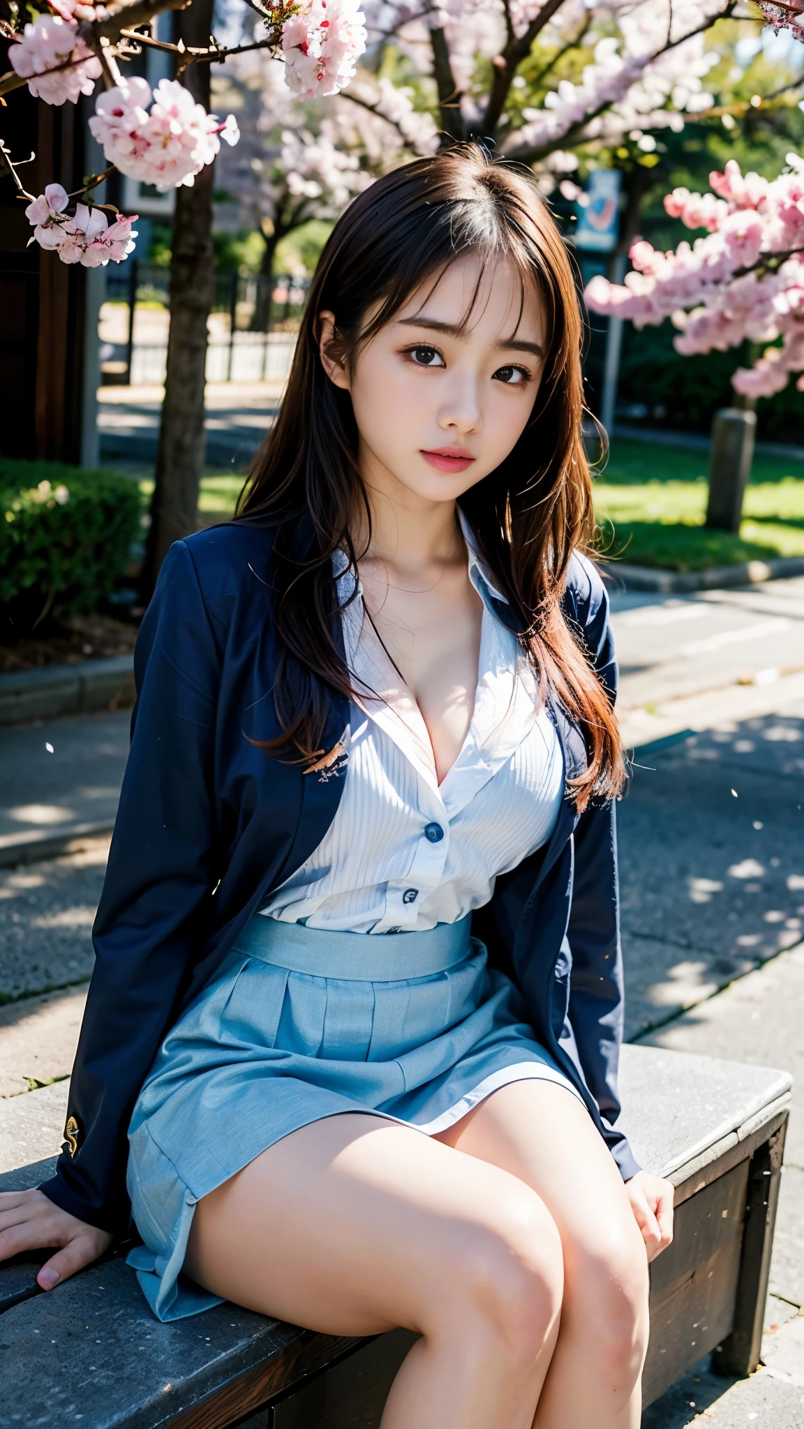 graduation ceremony、high school girl、uniform 、navy blue blazer、Cherry tree in full bloom、Cherry blossom confetti、perfect proportions、cute、(big breasts:1.2)、((18 year old female:1.2))、young adorable japanese face，official art，Highly detailed CG Unity 8K wallpaper，（masterpiece:1.0),(highest quality:1.0), 超A high resolution,4k,Super detailed, photo shoot, 8K, nffsw, High resolution, kodak portrait 400, film grain, lens flare glow,高いest quality,8K,nffsw:1.2),portrait shot,8K、View viewer