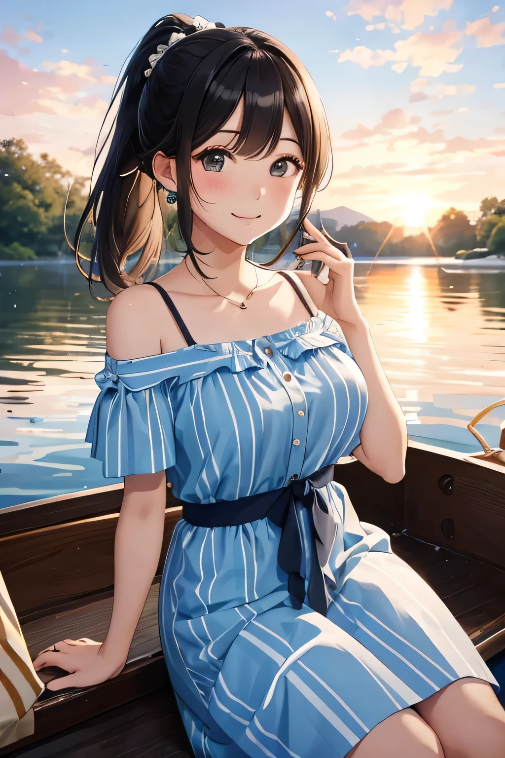 ((highest quality:1.4))、((High resolution))、(detailed background)、((detailed beautiful face:1.4))、(anatomically correct)、(detailed facial expressions)、beautiful and smooth skin、beautiful teenage girl、two beautiful girls、(huge breasts:1.2)、cute hair color、braided bob、braided ponytail、realistic、perfect body line、cute、cowboy shot、
Two beautiful girls watching the sunset reflected on the river while rowing a canoe、
The two of them are seen canoeing against the backdrop of a beautiful sunset.、
Two people holding hands while paddling a canoe in the gentle current、
relaxed atmosphere、They intentionally splash water on each other while paddling a canoe.、
They are smiling, splashing with water, and having fun joking with each other.、
Pack a canoe with food and drinks and have a picnic on the riverbank、
We exchange lunch boxes and spend relaxing time eating together.、
Kissing in the beautiful scenery of nature during a canoe tour、Romantic and cute、
With the sound of the river flowing and the wind in the background、
This sarong-style dress with a retro print is the perfect outfit for a canoe tour.、Add a ribbon or belt to your waist for a more feminine look.、
A loose-fitting shirt dress is perfect for a canoe tour.、
Open the buttons and put it on to enjoy a relaxed atmosphere.、
A look that combines a striped shirt with a denim skirt、Choose comfortable shoes such as sneakers or sandals。
Pair it with a cute cap or sunglasses to make it even more stylish.、
If you choose accessories with UV protection, you can protect yourself from the sun.、cute