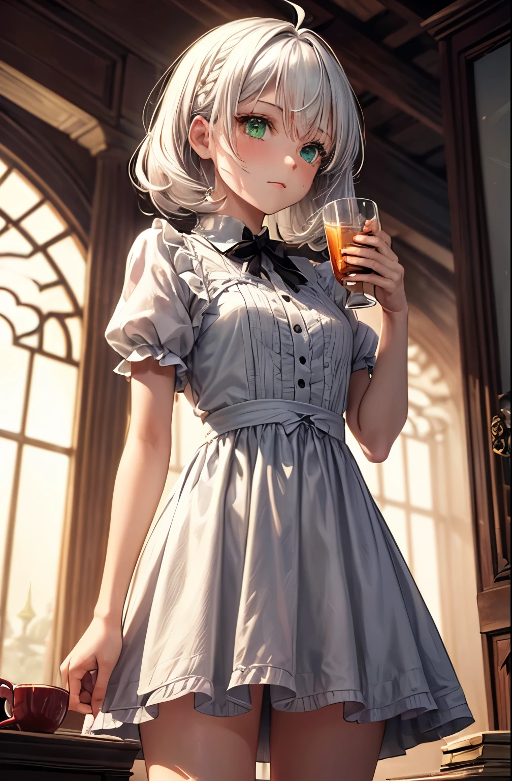 (((1girl))), ((((solo)))), ((messy hairstyle)), Alice in wonderland vibe, drinking tea, (((Reddish-white hair)), green eyes, soft dress, anime vibe