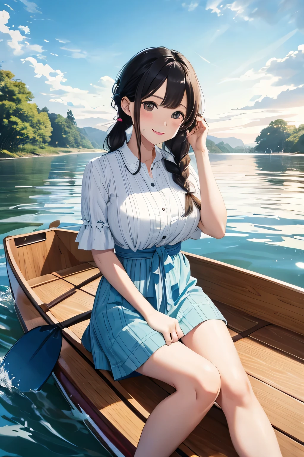 ((highest quality:1.4))、((High resolution))、(detailed background)、((detailed beautiful face:1.4))、(anatomically correct)、(detailed facial expressions)、beautiful and smooth skin、beautiful teenage girl、two beautiful girls、(huge breasts:1.2)、cute hair color、braided bob、braided ponytail、realistic、perfect body line、cute、cowboy shot、

Two beautiful girls watching the sunset reflected on the river while rowing a canoe、
The two of them are seen canoeing against the backdrop of a beautiful sunset.、
Two people holding hands while paddling a canoe in the gentle current、
relaxed atmosphere、They intentionally splash water on each other while paddling a canoe.、
They are smiling, splashing with water, and having fun joking with each other.、
Pack a canoe with food and drinks and have a picnic on the riverbank、
We exchange lunch boxes and spend relaxing time eating together.、
Kissing in the beautiful scenery of nature during a canoe tour、Romantic and cute、
With the sound of the river flowing and the wind in the background、

This sarong-style dress with a retro print is the perfect outfit for a canoe tour.、Add a ribbon or belt to your waist for a more feminine look.、
A loose-fitting shirt dress is perfect for a canoe tour.、
Open the buttons and put it on to enjoy a relaxed atmosphere.、
A look that combines a striped shirt with a denim skirt、Choose comfortable shoes such as sneakers or sandals。
Pair it with a cute cap or sunglasses to make it even more stylish.、
If you choose accessories with UV protection, you can protect yourself from the sun.、cute