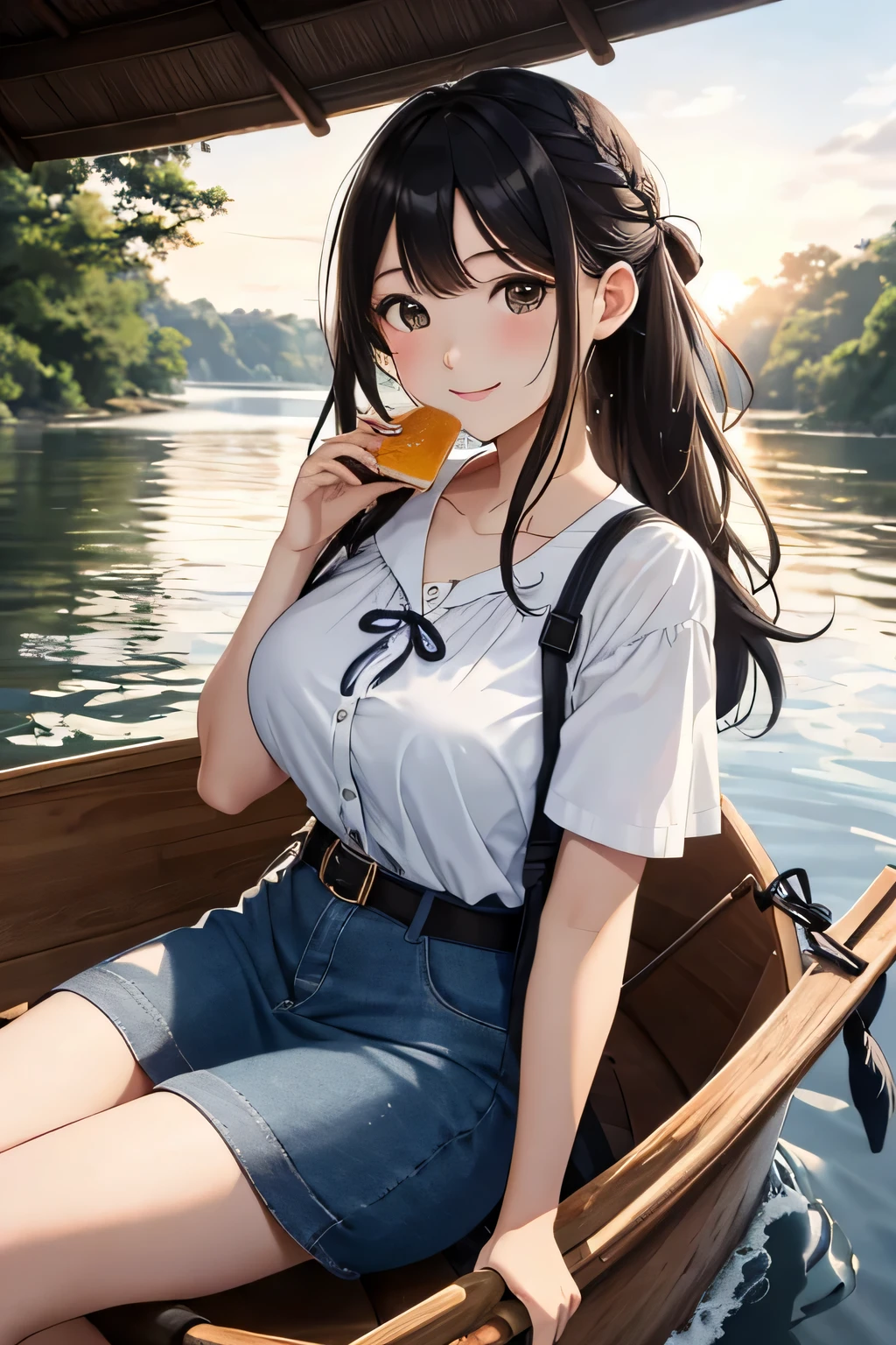 ((highest quality:1.4))、((High resolution))、(detailed background)、((detailed beautiful face:1.4))、(anatomically correct)、(detailed facial expressions)、beautiful and smooth skin、beautiful teenage girl、two beautiful girls、(huge breasts:1.2)、cute hair color、braided bob、braided ponytail、realistic、perfect body line、cute、cowboy shot、
Two beautiful girls watching the sunset reflected on the river while rowing a canoe、
The two of them are seen canoeing against the backdrop of a beautiful sunset.、
Two people holding hands while paddling a canoe in the gentle current、
relaxed atmosphere、They intentionally splash water on each other while paddling a canoe.、
They are smiling, splashing with water, and having fun joking with each other.、
Pack a canoe with food and drinks and have a picnic on the riverbank、
We exchange lunch boxes and spend relaxing time eating together.、
Kissing in the beautiful scenery of nature during a canoe tour、Romantic and cute、
With the sound of the river flowing and the wind in the background、
This sarong-style dress with a retro print is the perfect outfit for a canoe tour.、Add a ribbon or belt to your waist for a more feminine look.、
A loose-fitting shirt dress is perfect for a canoe tour.、
Open the buttons and put it on to enjoy a relaxed atmosphere.、
A look that combines a striped shirt with a denim skirt、Choose comfortable shoes such as sneakers or sandals。
Pair it with a cute cap or sunglasses to make it even more stylish.、
If you choose accessories with UV protection, you can protect yourself from the sun.、cute