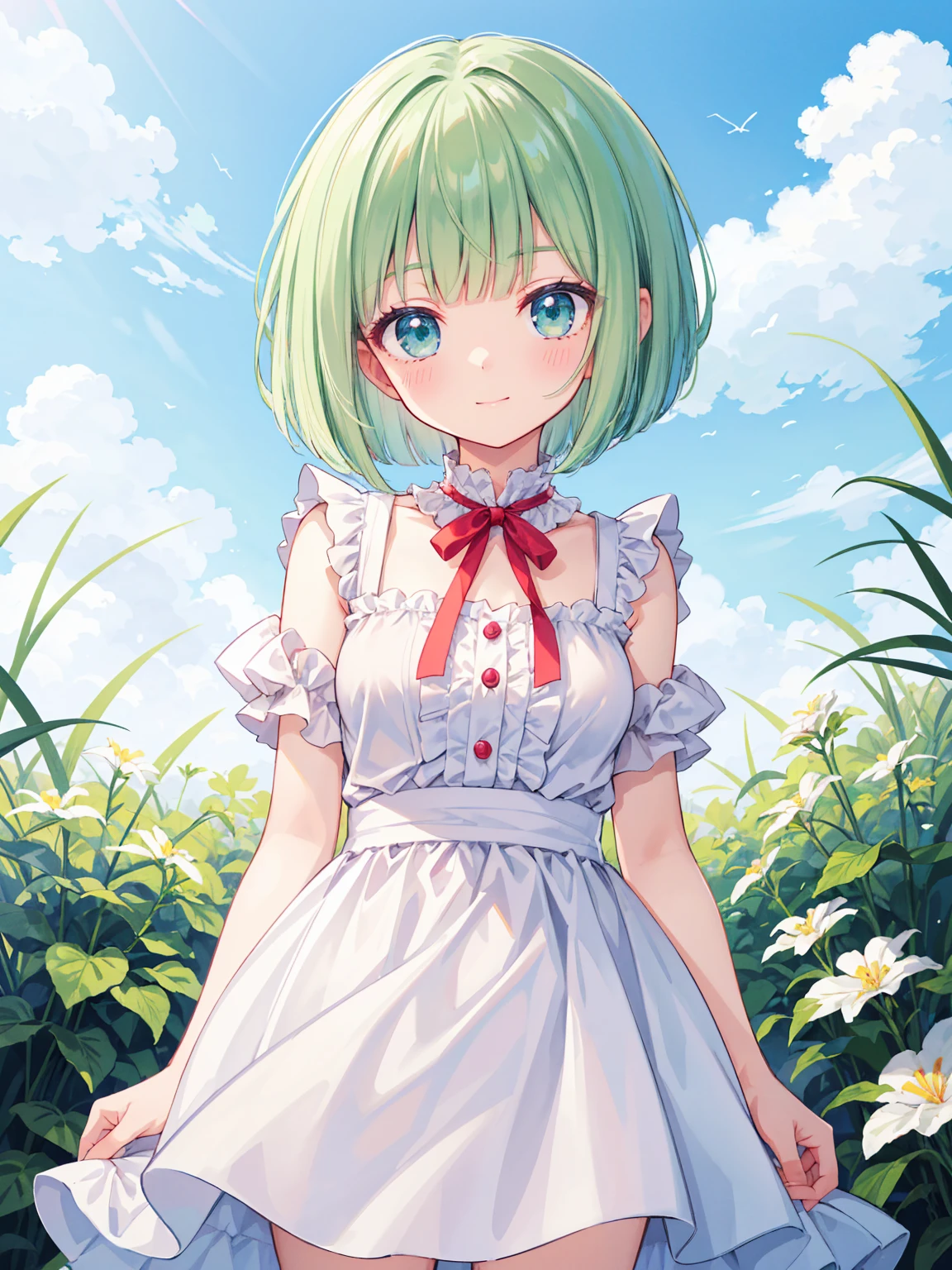 High quality, Ultra detailed, best quality, insanely detailed, masterpiece, beautiful illustrations, highest quality, pretty girl, ((very cute)), ((lovely)), ((sweet)), 1girl, standing, pastel colour, white frilled dress, blunt bangs, (Spring Green bob cut), bright lighting, sky-blue eyes, soft smile, looking at viewer
