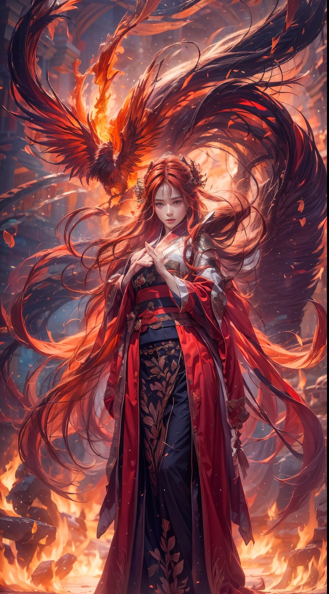 (full body portrait), (close up) ,1 girl，korean girl, ************, Fire mage wearing fiery red clothes（Chinese Hanfu），The robe is embroidered with intricate runes，Decorated with a burning scent。He was tall and strong，Raise your hand，Powerful fire spells are being unleashed, His eyes are firm and sharp，A fire flashed in the flame mage&#39;s eyes，（A huge flaming phoenix spreads its wings and flies：1.2),（Phoenix feathers burn with blazing flames), it sparkles，Its body is surrounded by flame feathers，Dancing，Forming a spectacular flame hexagonal star array pattern，Full of mysterious magic，The whole scene is full of fiery aura and passion for fighting，Large fire spells bloom in the air，A brilliant arc of flames and splashing sparks form，（Fire Mage and Phoenix），Look majestic and mysterious in the raging fire，Like the embodiment of fire and magic，Red hair，high detail，Surrealism，realism，（（Half-length photo）），（real picture：1.4），（chiaroscuro），movie lighting，Realistic special effects，Render by Octane，Ray tracing，panoramic，perspective，textured skin，Ultra-detailed，ultra high definition，masterpiece，anatomically correct，best quality，high resolution，8K