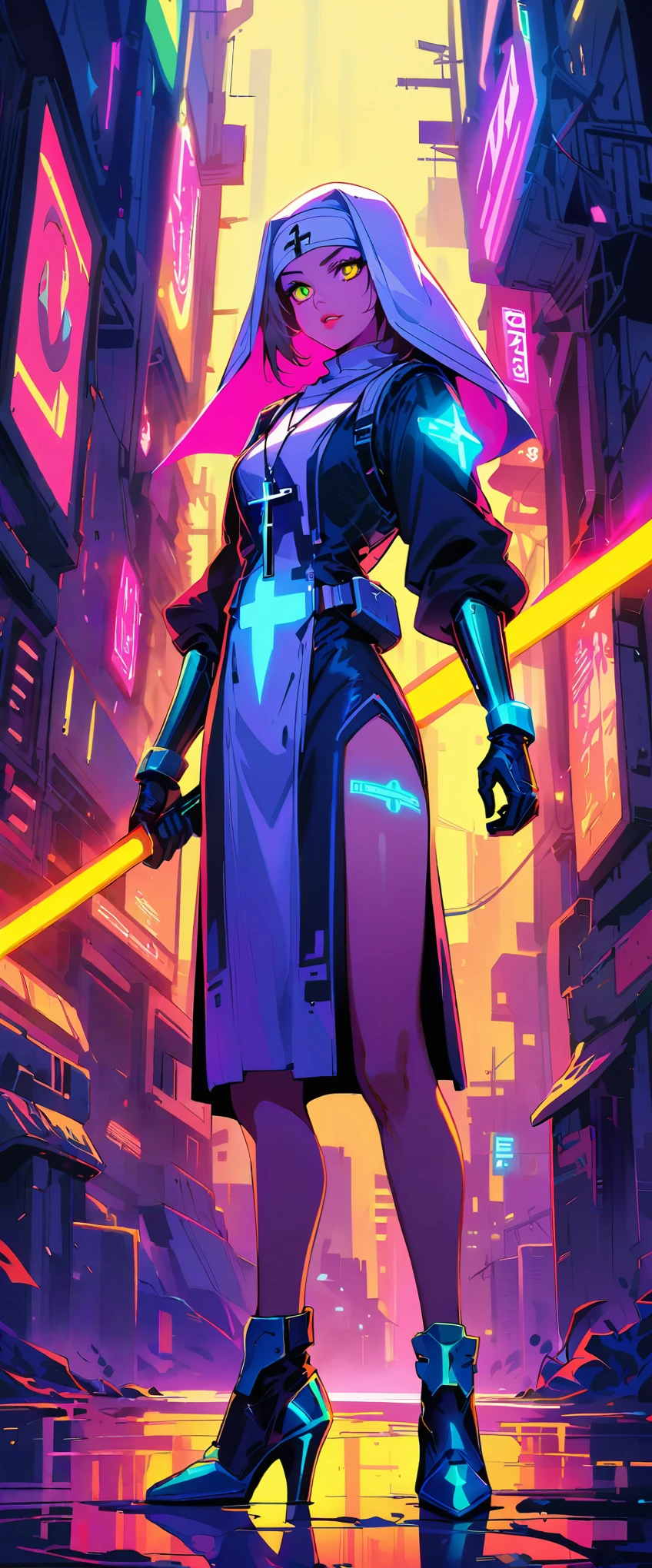 cyberpunk style,Fighting Nun,Glowing tattoo on forehead,beautiful eyes,beautiful lips,avant-garde,confidence,Wearing a white headscarf,Gloves,Wearing a sacred cross necklace,With a glowing energy sword,Dystopian urban background,neon lights,night,Futurism,Light and shadow contrast,Vibrant colors,Technology implantation,Cybernetics arm,Sharp focus,Heroic gesture,Protective Armor,Metal high heels,Visual effect。