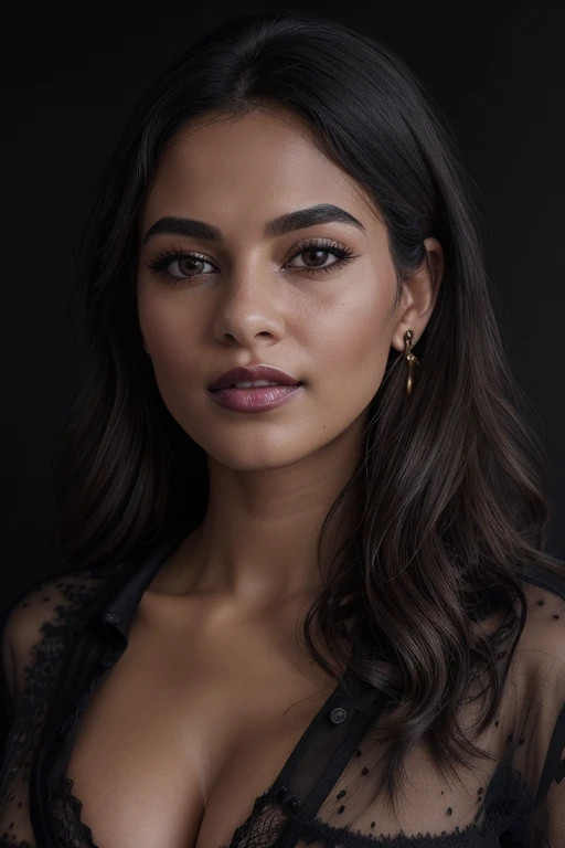 perfect face, (masterpiece, best quality, ultra-detailed, highres, 4k), (beautiful detailed eyes), (Realistic, Photorealistic: 1.37), Ultra Detailed, Soft Light, (1girl), Anatomically correct, ((young beautiful black female)), ((mid-lenght dark hair)), ear piercing, ((black eyes)), black hair, blush, glossy lips, half-open lips, ((realistic skin texture)), medium breast, cleavage, black lace panties, breast squeeze, (open shirt: 1.3), portrait