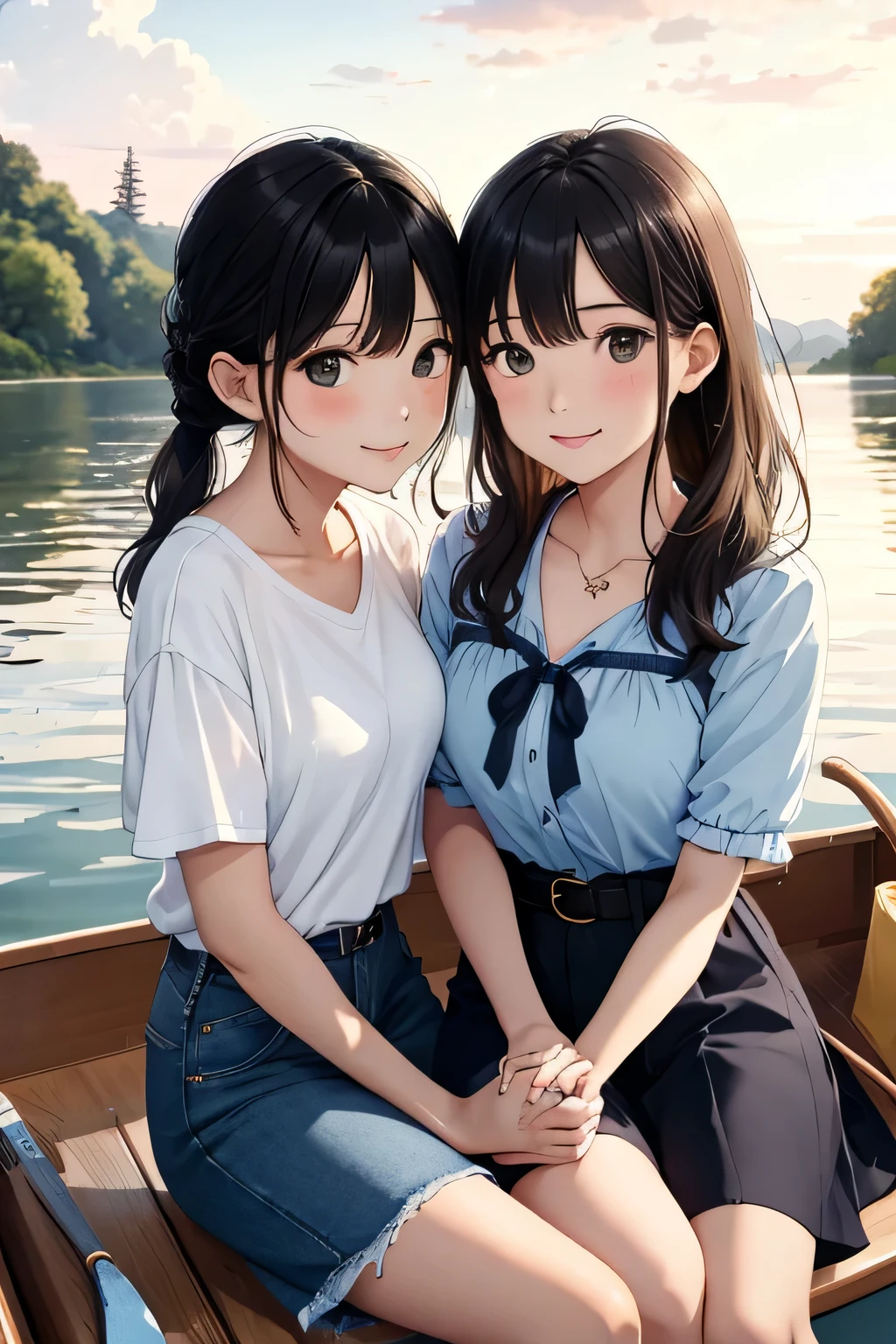 ((highest quality:1.4))、((High resolution))、(detailed background)、((detailed beautiful face:1.4))、(anatomically correct)、(detailed facial expressions)、beautiful and smooth skin、beautiful teenage girl、two beautiful girls、(huge breasts:1.2)、cute hair color、braided bob、braided ponytail、realistic、perfect body line、cute、cowboy shot、

Two beautiful girls watching the sunset reflected on the river while rowing a canoe、
The two of them are seen canoeing against the backdrop of a beautiful sunset.、
Two people holding hands while paddling a canoe in the gentle current、
relaxed atmosphere、They intentionally splash water on each other while paddling a canoe.、
They are smiling, splashing with water, and having fun joking with each other.、
Pack a canoe with food and drinks and have a picnic on the riverbank、
We exchange lunch boxes and spend relaxing time eating together.、
Kissing in the beautiful scenery of nature during a canoe tour、Romantic and cute、
With the sound of the river flowing and the wind in the background、

Denim shorts and a white T-shirt、
This sarong-style dress with a retro print is the perfect outfit for a canoe tour.、Add a ribbon or belt to your waist for a more feminine look.、
A loose-fitting shirt dress is perfect for a canoe tour.、
Open the buttons and put it on to enjoy a relaxed atmosphere.、
A look that combines a striped shirt with a denim skirt、Choose comfortable shoes such as sneakers or sandals。
Pair it with a cute cap or sunglasses to make it even more stylish.、
If you choose accessories with UV protection, you can protect yourself from the sun.、cute
