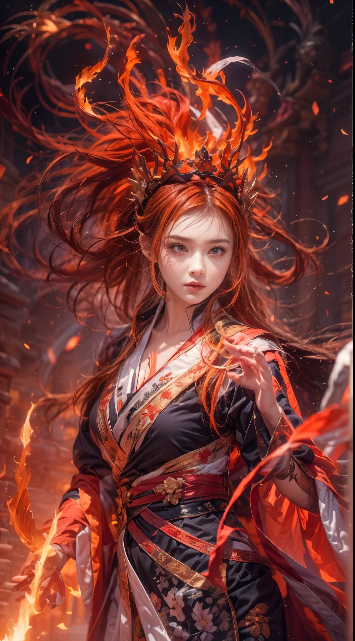 (full body portrait), (close up) ,1 girl，korean girl, , Fire mage wearing fiery red clothes（Chinese Hanfu），The robe is embroidered with intricate runes，Decorated with a burning scent。He was tall and strong，Raise your hand，Powerful fire spells are being unleashed, His eyes are firm and sharp，A fire flashed in the flame mage&#39;s eyes，（A huge flaming phoenix spreads its wings and flies：1.2),（Phoenix feathers burn with blazing flames), it sparkles，Its body is surrounded by flame feathers，Dancing，Forming a spectacular flame hexagonal star array pattern，Full of mysterious magic，The whole scene is full of fiery aura and passion for fighting，Large fire spells bloom in the air，A brilliant arc of flames and splashing sparks form，（Fire Mage and Phoenix），Look majestic and mysterious in the raging fire，Like the embodiment of fire and magic，Red hair，high detail，Surrealism，realism，（（Half-length photo）），（real picture：1.4），（chiaroscuro），movie lighting，Realistic special effects，Render by Octane，Ray tracing，panoramic，perspective，textured skin，Ultra-detailed，ultra high definition，masterpiece，anatomically correct，best quality，high resolution，8K