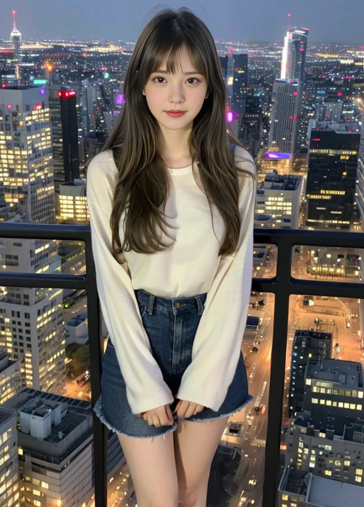 17 year old beautiful girl、Highest image quality、realistic、16K、beautiful woman、long hair、slim、With bangs、Beautiful night view from the observation deck、Tokyo cityscape、Full body figure、panoramic