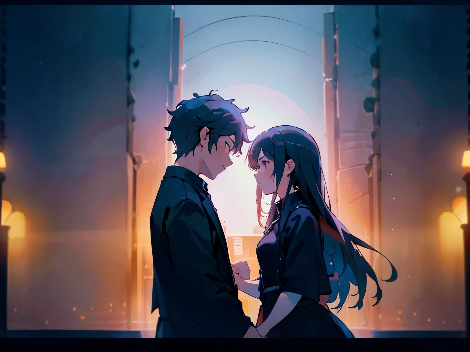 Silhouettes of a man and a woman far apart looking at each other in the middle of a busy urban night street