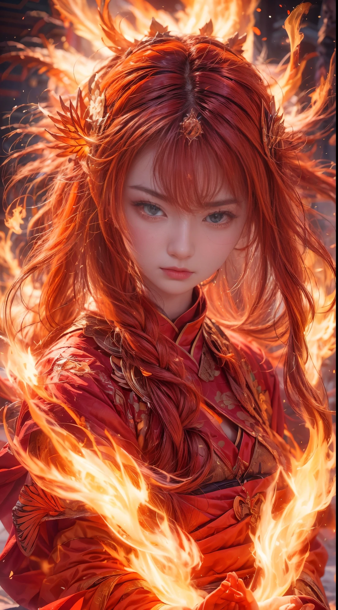 (full body portrait), (close up) ,1 girl,korean girl, 17 years old, Fire mage wearing fiery red clothes(Chinese Hanfu),The robe is embroidered with intricate runes,Decorated with a burning scent。He was tall and strong,Raise your hand,Powerful fire spells are being unleashed, His eyes are firm and sharp,A fire flashed in the flame mage's eyes,(A huge flaming phoenix spreads its wings and flies:1.2),(Phoenix feathers burn with blazing flames), it sparkles,Its body is surrounded by flame feathers,Dancing,Forming a spectacular flame hexagonal star array pattern,Full of mysterious magic,The whole scene is full of fiery aura and passion for fighting,Large fire spells bloom in the air,A brilliant arc of flames and splashing sparks form,(Fire Mage and Phoenix),Look majestic and mysterious in the raging fire,Like the embodiment of fire and magic,Red hair,high detail,Surrealism,realism,((Half-length photo)),(real picture:1.4),(chiaroscuro),movie lighting,Realistic special effects,Render by Octane,Ray tracing,panoramic,perspective,textured skin,Ultra-detailed,ultra high definition,masterpiece,anatomically correct,best quality,high resolution,8K