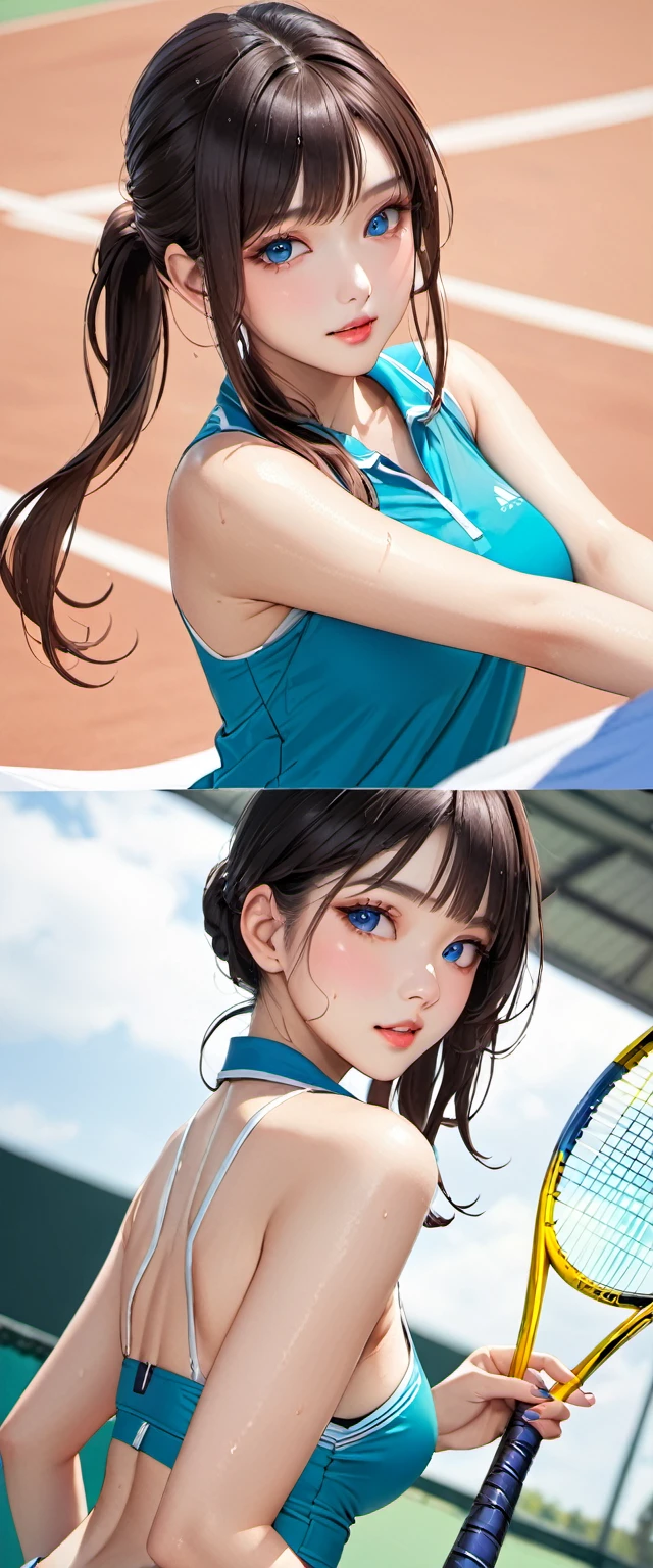 (masterpiece,highest quality,超A high resolution),japanese woman, (((Very beautiful 25 year old girl))), pretty girl、look at the photographer､  ((beautiful low ponytail)), super cute face, glossy lips, double eyelids in both eyes,natural smile、 natural makeup, long eyelashes, shiny smooth black hair､center image,  perfect limbs, perfect anatomy,(((women's tennis uniform)))、,(wet with sweat),,look back,See-through