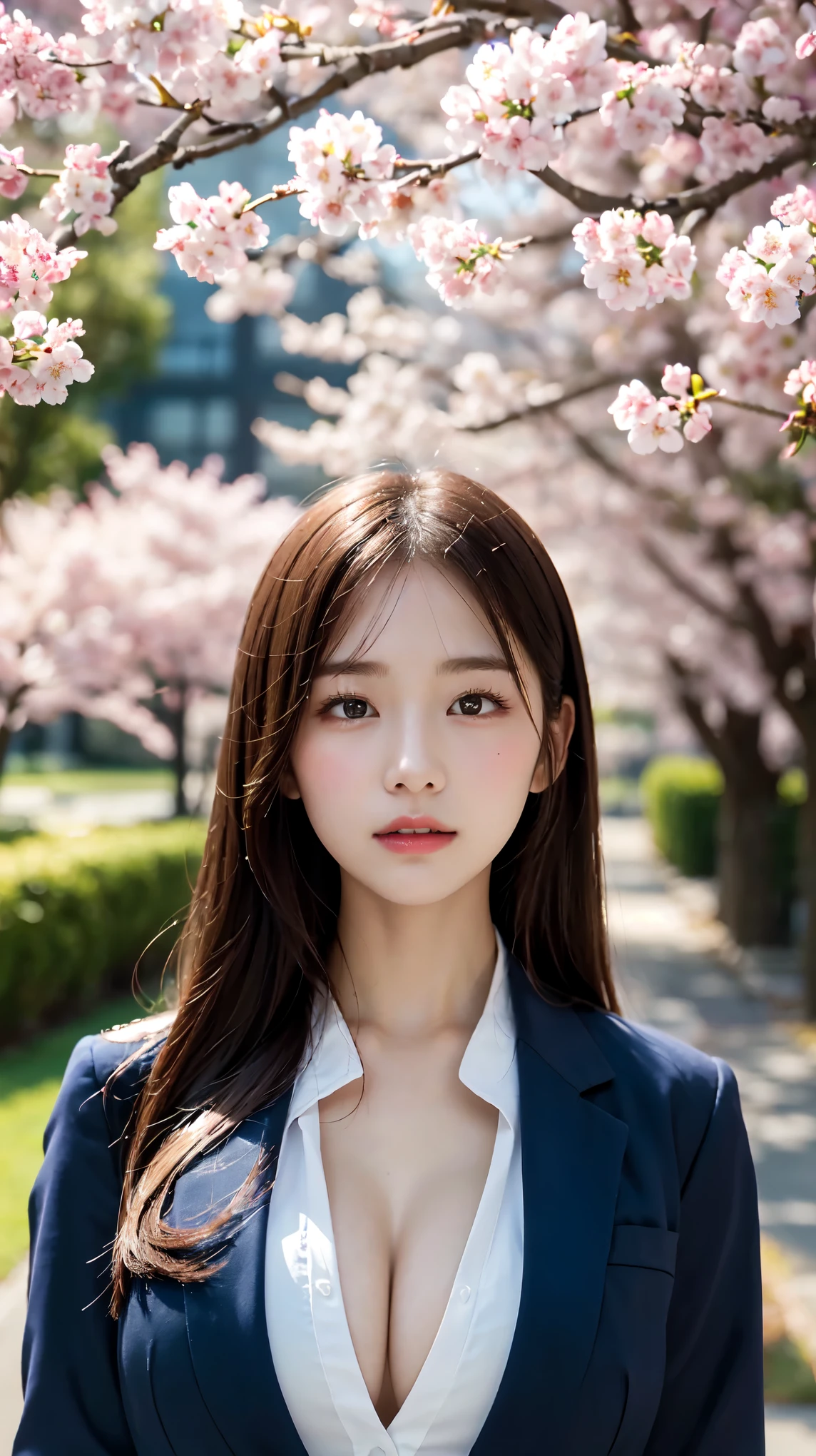 graduation ceremony、high school girl、uniform 、blazer、Rows of cherry blossom trees in full bloom、Cherry blossom confetti、perfect proportions、cute、(big breasts:1.2)、((18 year old female:1.2))、若い愛らしい日本人のface, (light_笑face:0.3),official art,Highly detailed CG Unity 8K wallpaper、bright_front_face_lit,(masterpiece:1.0),(highest quality:1.0), 超A high resolution,4k,Super detailed, photo shoot, 8K, nffsw, High resolution, absurd:1.2, film grain, lens flare glow,8K、View viewer