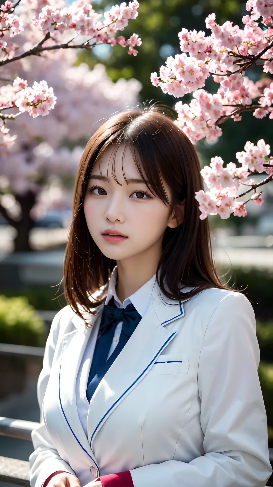 graduation ceremony、high school girl、uniform 、blazer、Rows of cherry blossom trees in full bloom、Cherry blossom confetti、perfect proportions、cute、(big breasts:1.2)、((18 year old female:1.2))、若い愛らしい日本人のface, (light_笑face:0.3),official art,Highly detailed CG Unity 8K wallpaper、bright_front_face_lit,(masterpiece:1.0),(highest quality:1.0), 超A high resolution,4k,Super detailed, photo shoot, 8K, nffsw, High resolution, absurd:1.2, film grain, lens flare glow,8K、View viewer