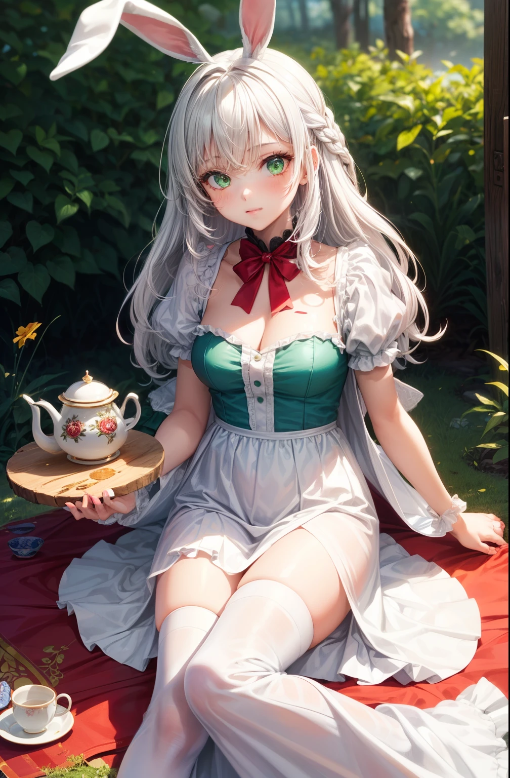 (((1girl))), ((((solo)))), ((messy hairstyle)), Alice in wonderland vibe, Mr rabbit, tea partie,drinking tea, (((Reddish-white hair)), green eyes, soft dress, anime vibe