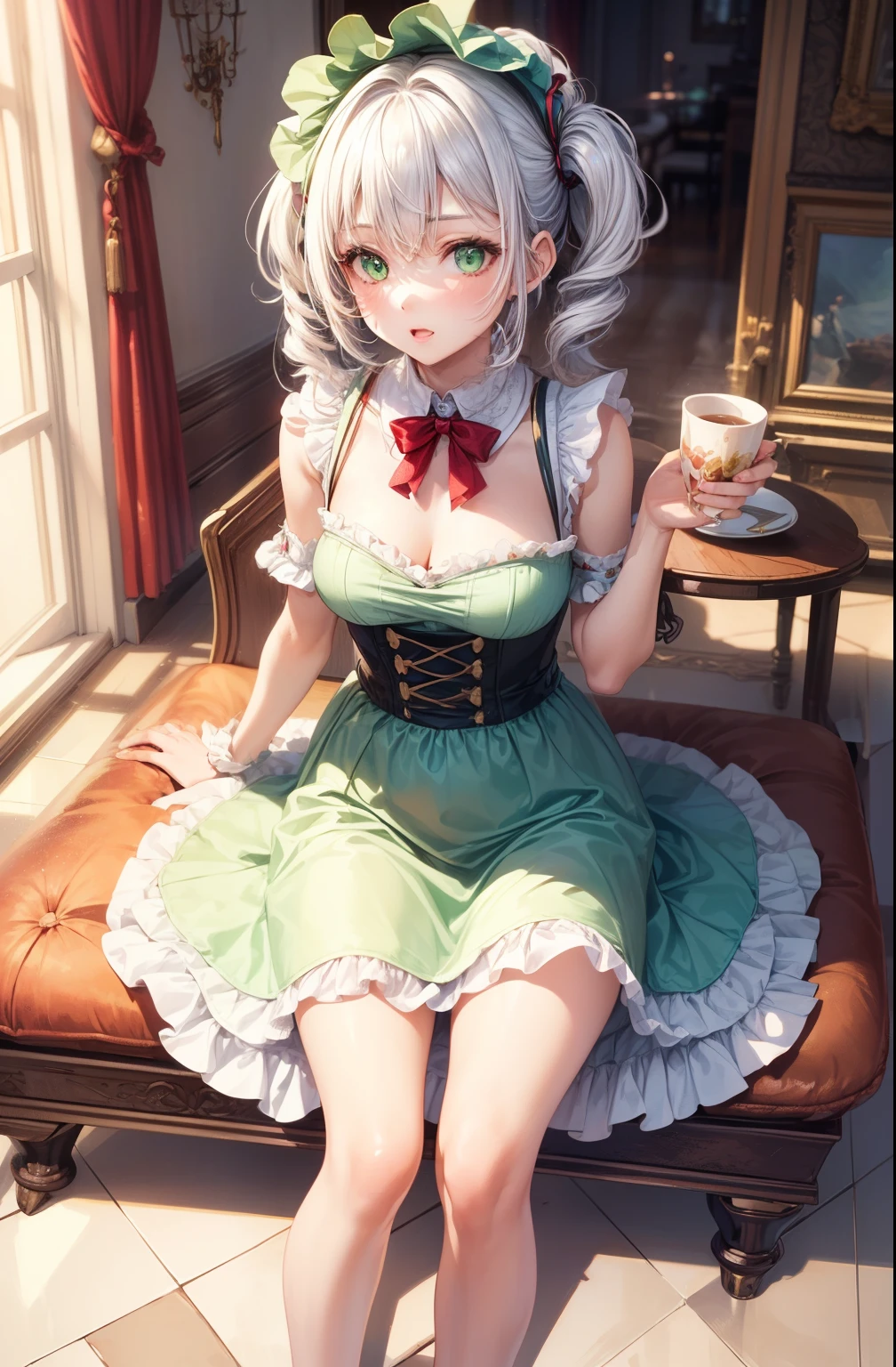 (((1girl))), ((((solo)))), ((messy hairstyle)), Alice in wonderland vibe, Mr rabbit, tea partie,drinking tea, (((Reddish-white hair)), green eyes, soft dress, anime vibe