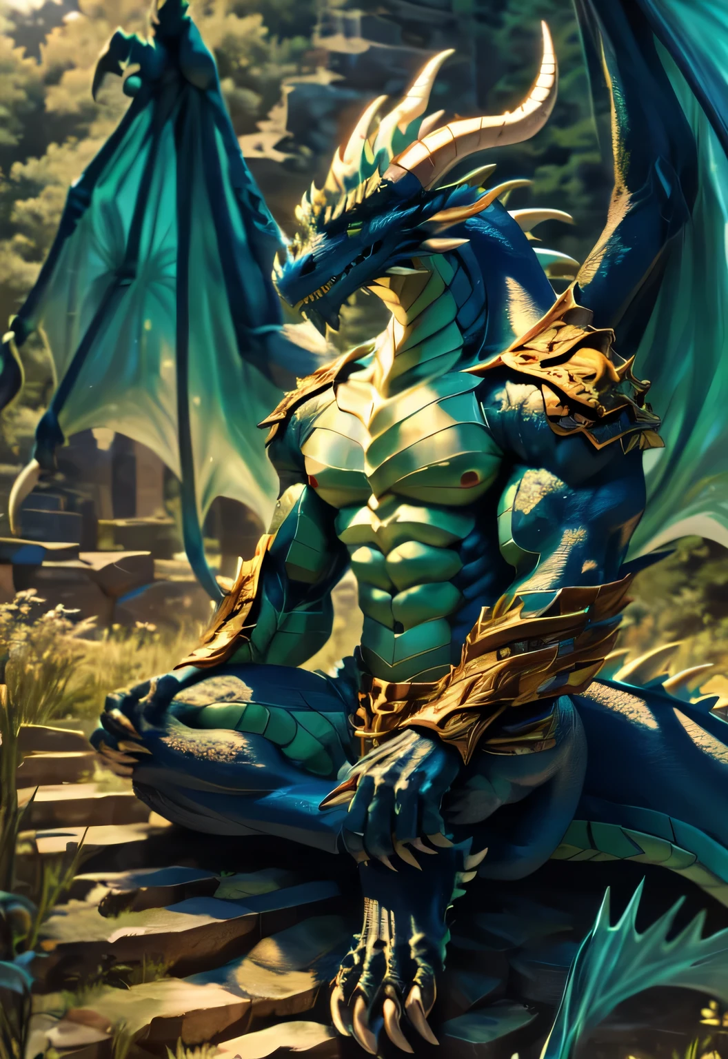 dragon,alone,paw,teeth,crawler,chest muscles, peak, teethAdult,alone,dragon tail,sit down,meditate,4K,best quality,HD,whole body,paw,naked,looking at the audience,chest muscles, pink nipples, Six-pack abs,biceps,pride,soft shadow,majestic,Detailed face,HD eyes,keen vision,eyes sparkling,Gorgeous,brave,confident smile,Strong,Mature,wilderness,ruins,river,Blue sky and white clouds,The sun shines,With wings,With wings