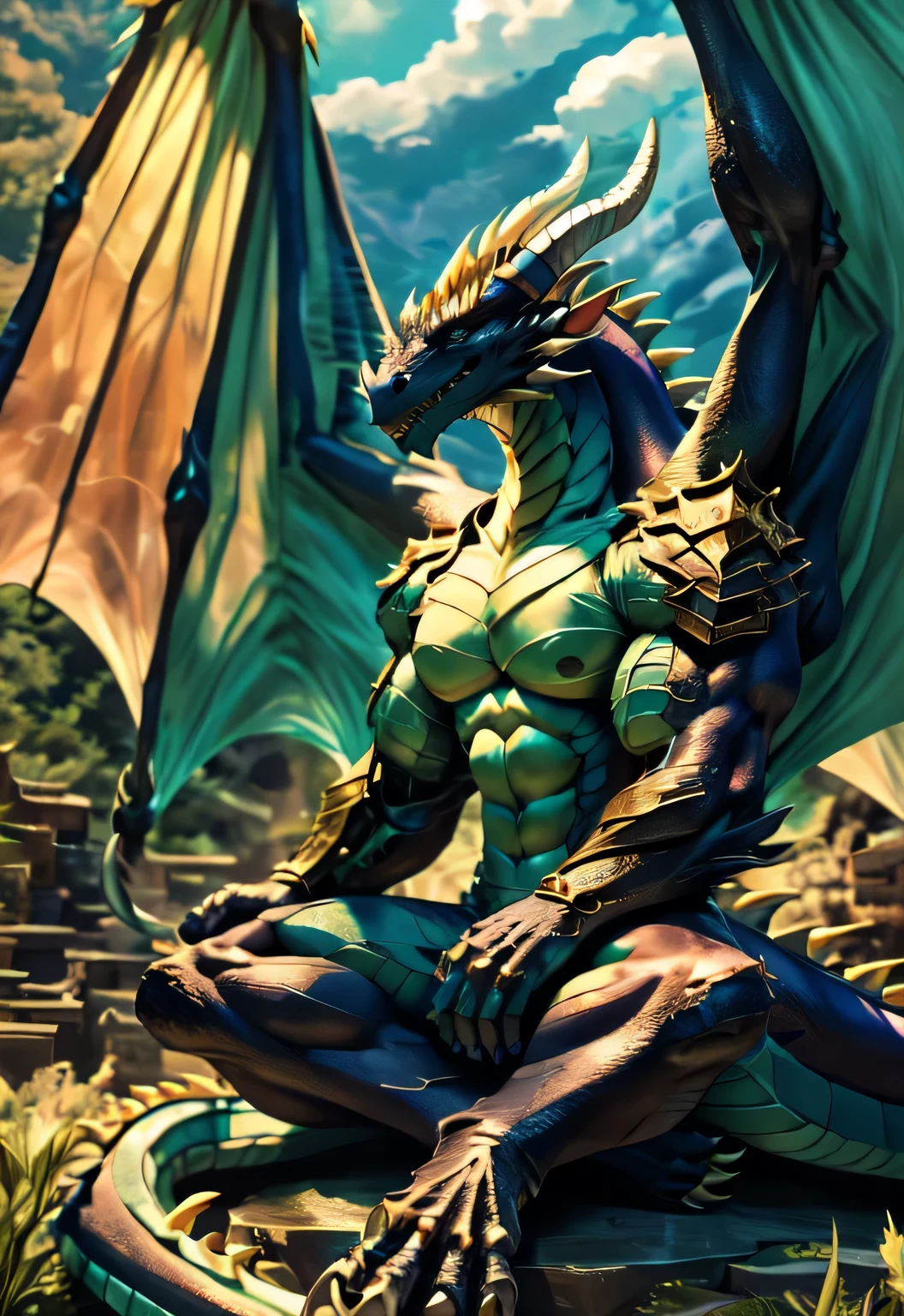 dragon,alone,paw,teeth,crawler,chest muscles, peak, teethAdult,alone,dragon tail,sit down,meditate,4K,best quality,HD,whole body,paw,naked,looking at the audience,chest muscles, pink nipples, Six-pack abs,biceps,pride,soft shadow,majestic,Detailed face,HD eyes,keen vision,eyes sparkling,Gorgeous,brave,confident smile,Strong,Mature,wilderness,ruins,river,Blue sky and white clouds,The sun shines，With wings，With wings