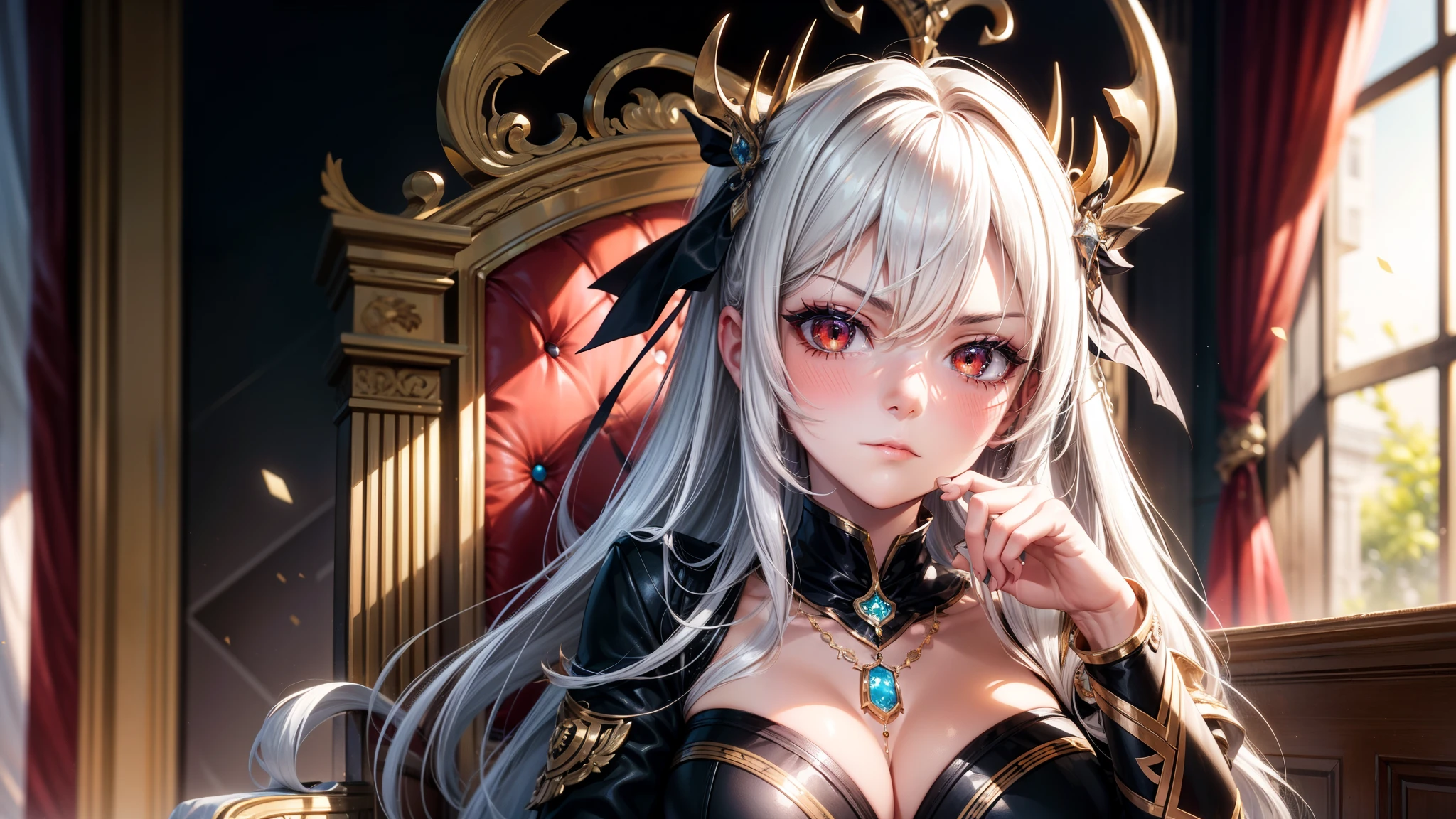 Superb Quality, Masterpiece, High Resolution, 1Girl sitting on a throne, [Red eyes], [White hair], Blush, (Seductive Smile: 0.8), Star Pupil, Hair Accessories, Necklace, Jewelry, Beauty, on_body, Tyndall Effect, Realism, Black throne, , Light Edge, Two-tone Lighting, (High Detail Skin: 1.2), 8K UHD, DSLR, Soft Light, High Quality, Volume Lighting, Candid Photo, High Resolution, 4K, 8K, Background Bokeh, serious expression, villain pose, shiny hair, normal hands, normal fingers