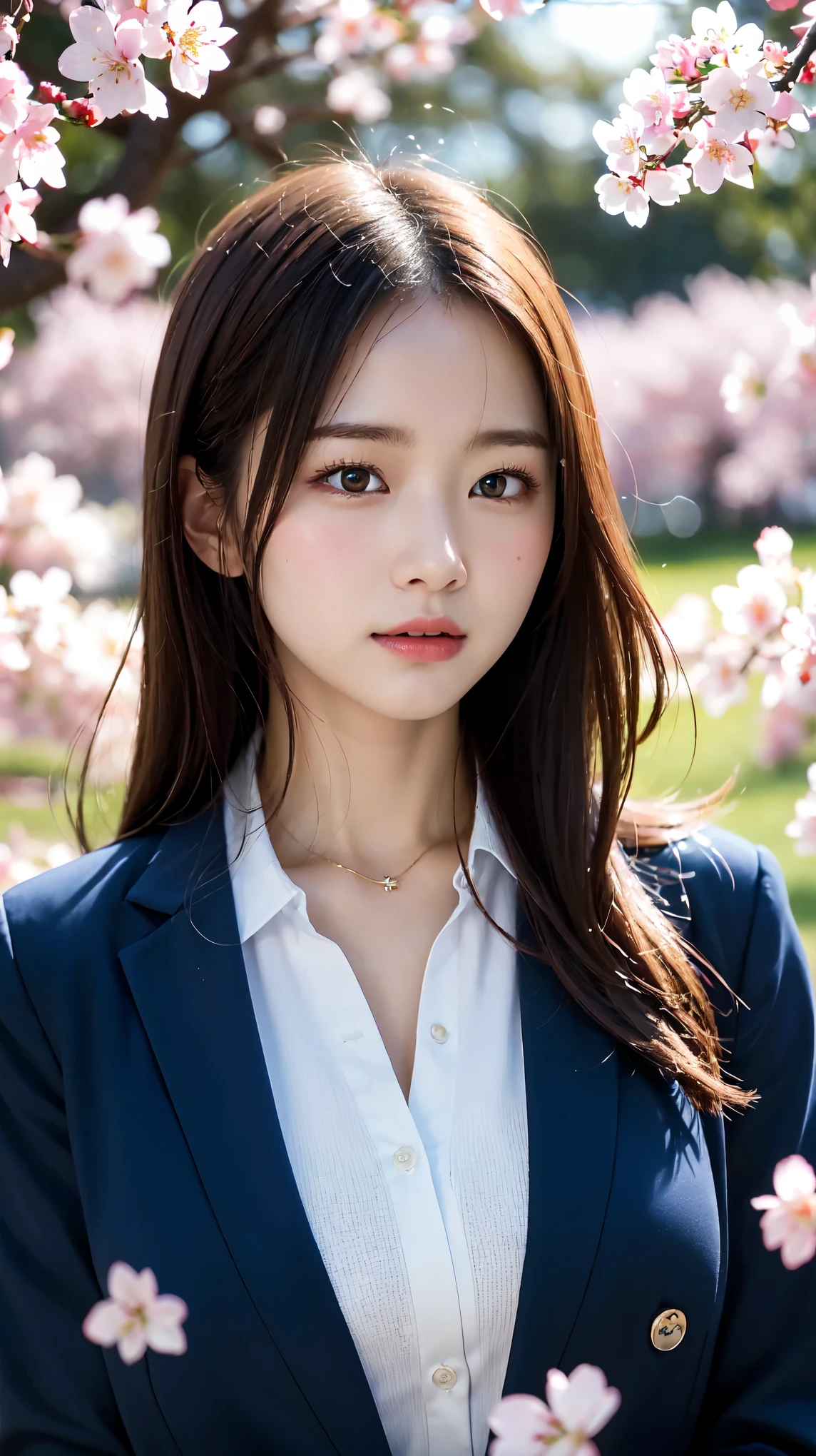 graduation ceremony、high school girl、uniform 、blazer、Rows of cherry blossom trees in full bloom、Cherry blossom confetti、perfect proportions、cute、(big breasts:1.2)、((18 year old female:1.2))、若い愛らしい日本人のface, (light_笑face:0.3),official art,Highly detailed CG Unity 8K wallpaper、bright_front_face_lit,(masterpiece:1.0),(highest quality:1.0), 超A high resolution,4k,Super detailed, photo shoot, 8K, nffsw, High resolution, absurd:1.2, film grain, lens flare glow,8K、View viewer